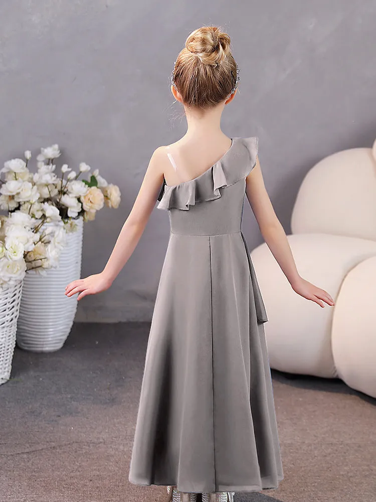 Junior Bridesmaid One-Shoulder Chiffon Ruffle Hem Dresses