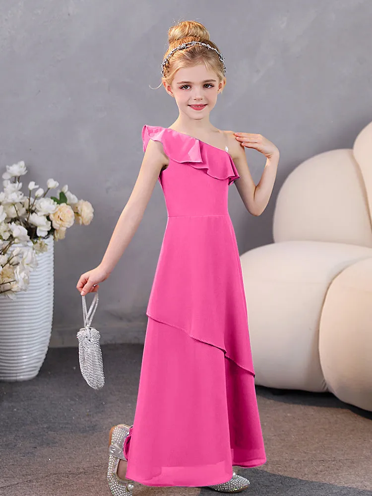 Junior Bridesmaid One-Shoulder Chiffon Ruffle Hem Dresses