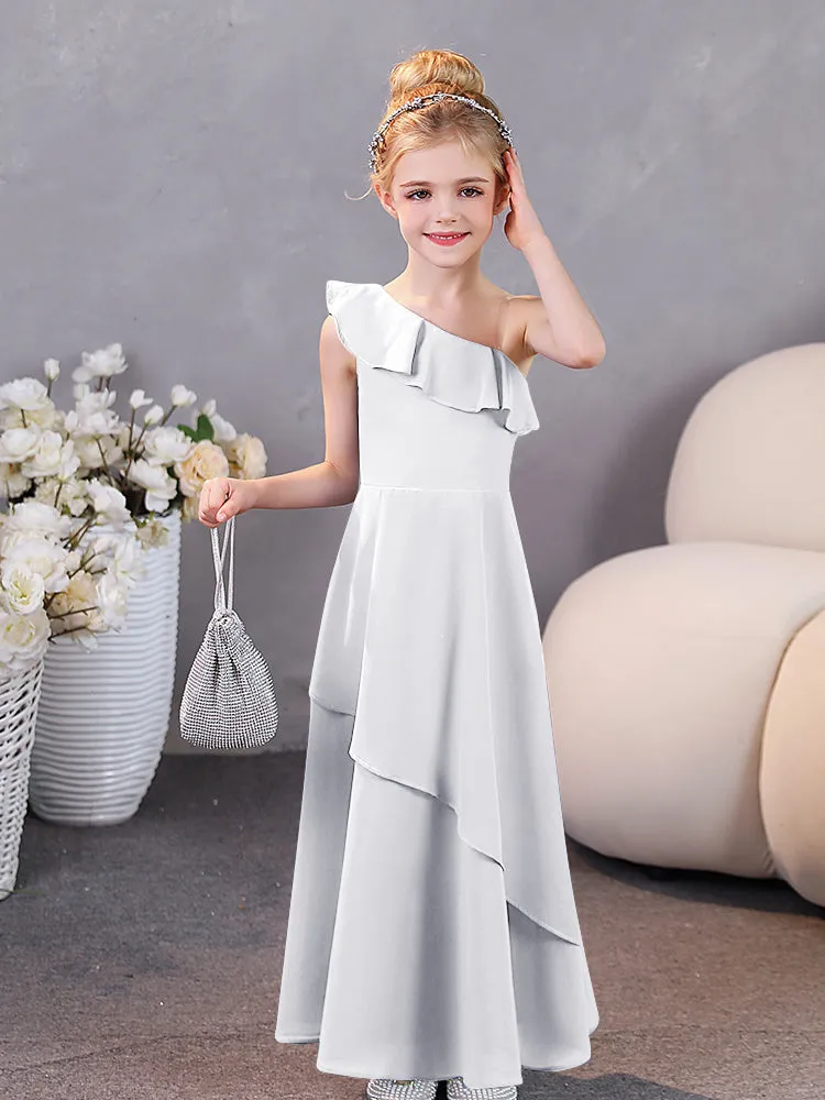 Junior Bridesmaid One-Shoulder Chiffon Ruffle Hem Dresses