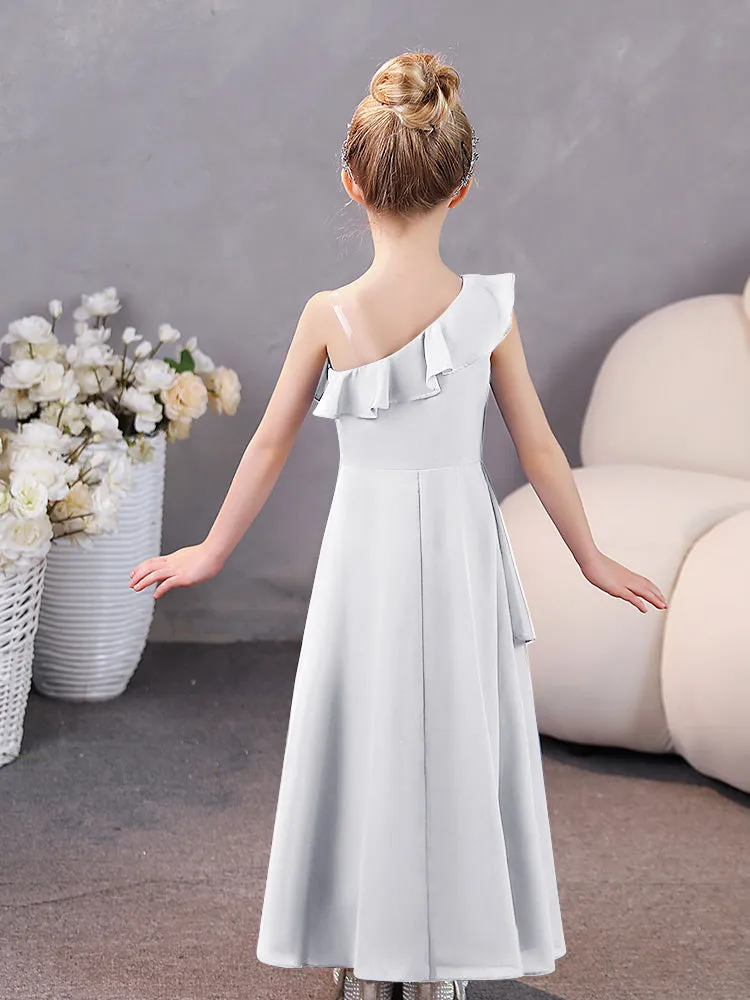 Junior Bridesmaid One-Shoulder Chiffon Ruffle Hem Dresses