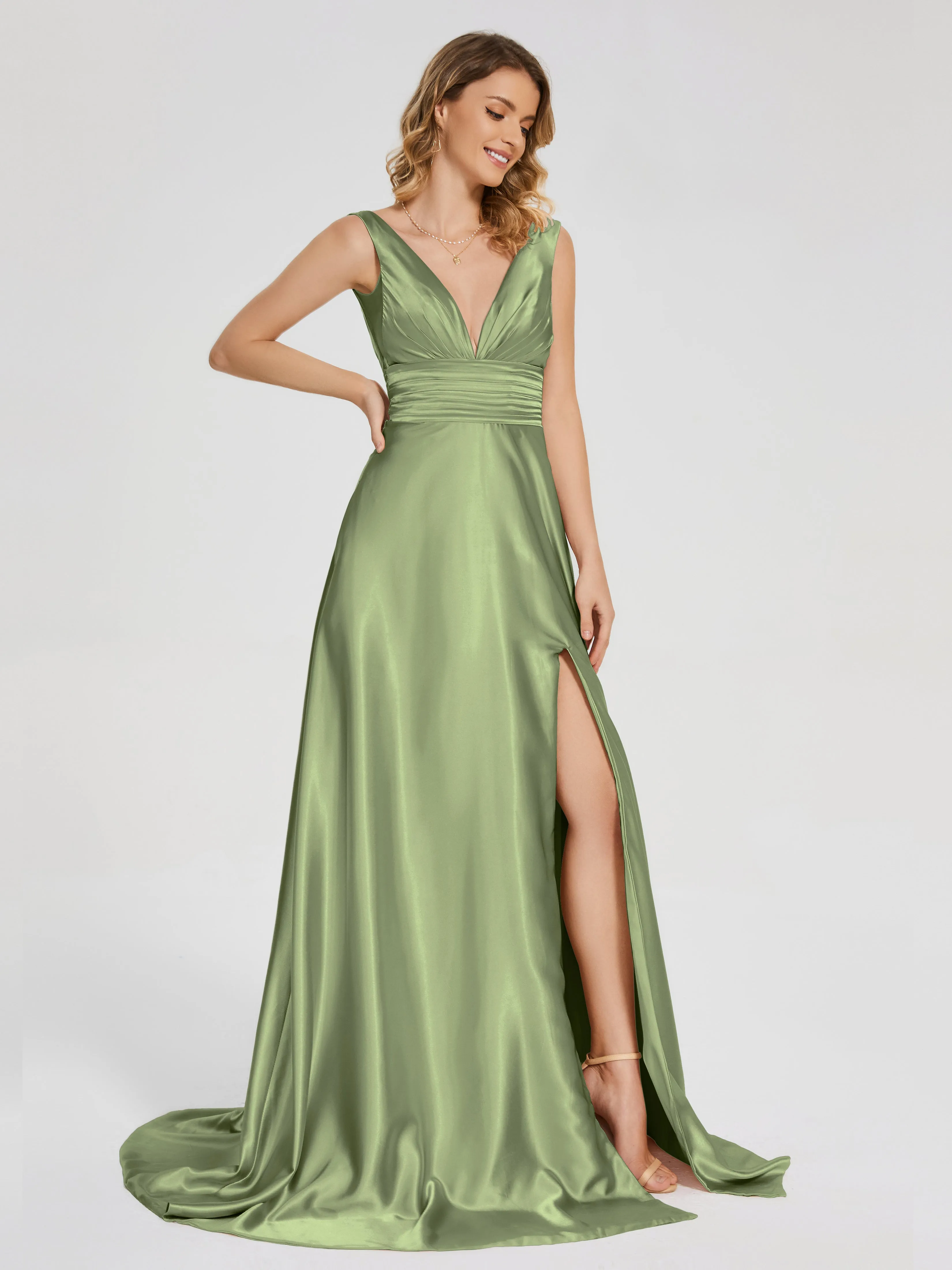 Sleeveless Split Soft Satin Evening Dresses