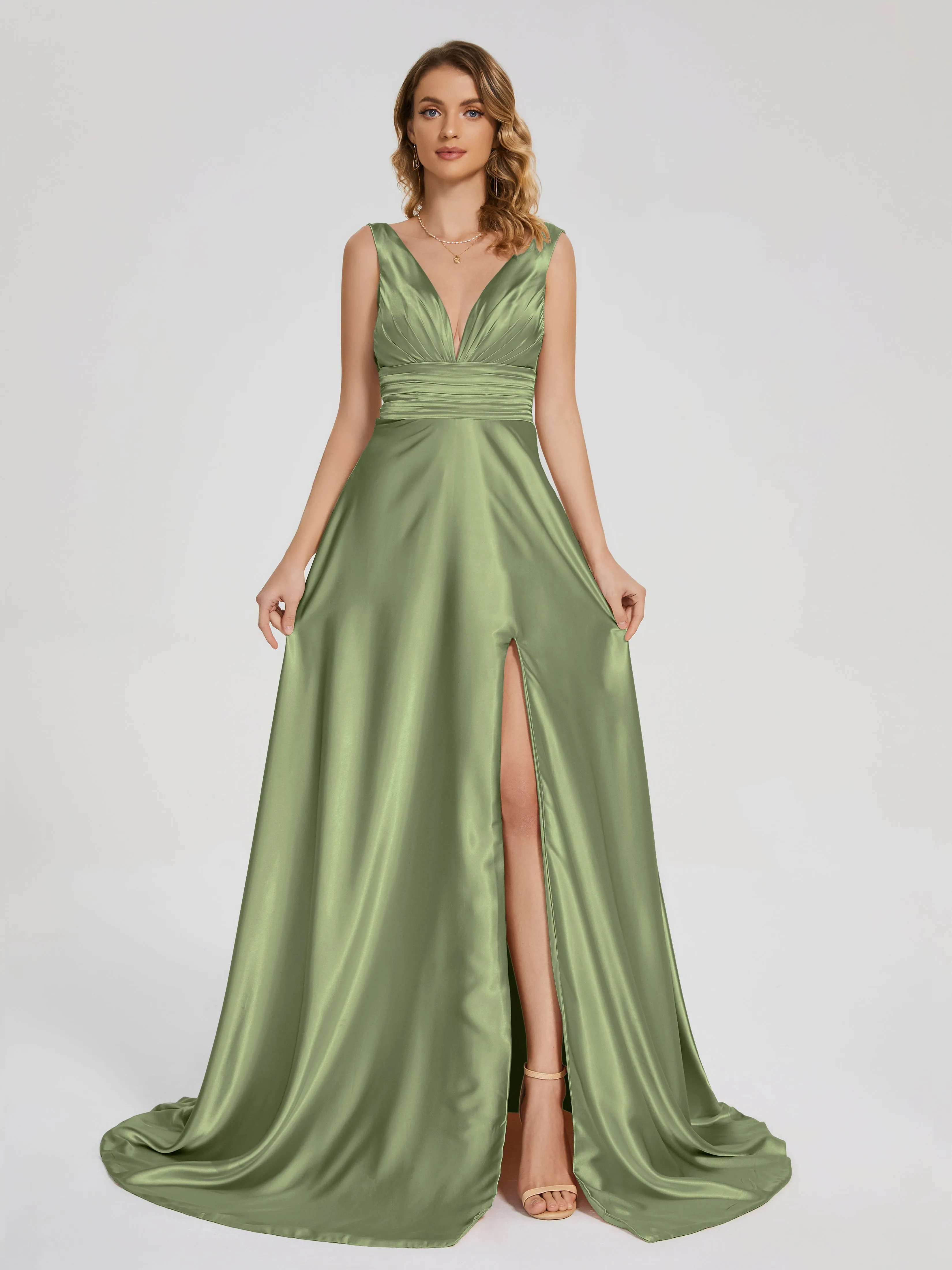 Sleeveless Split Soft Satin Evening Dresses