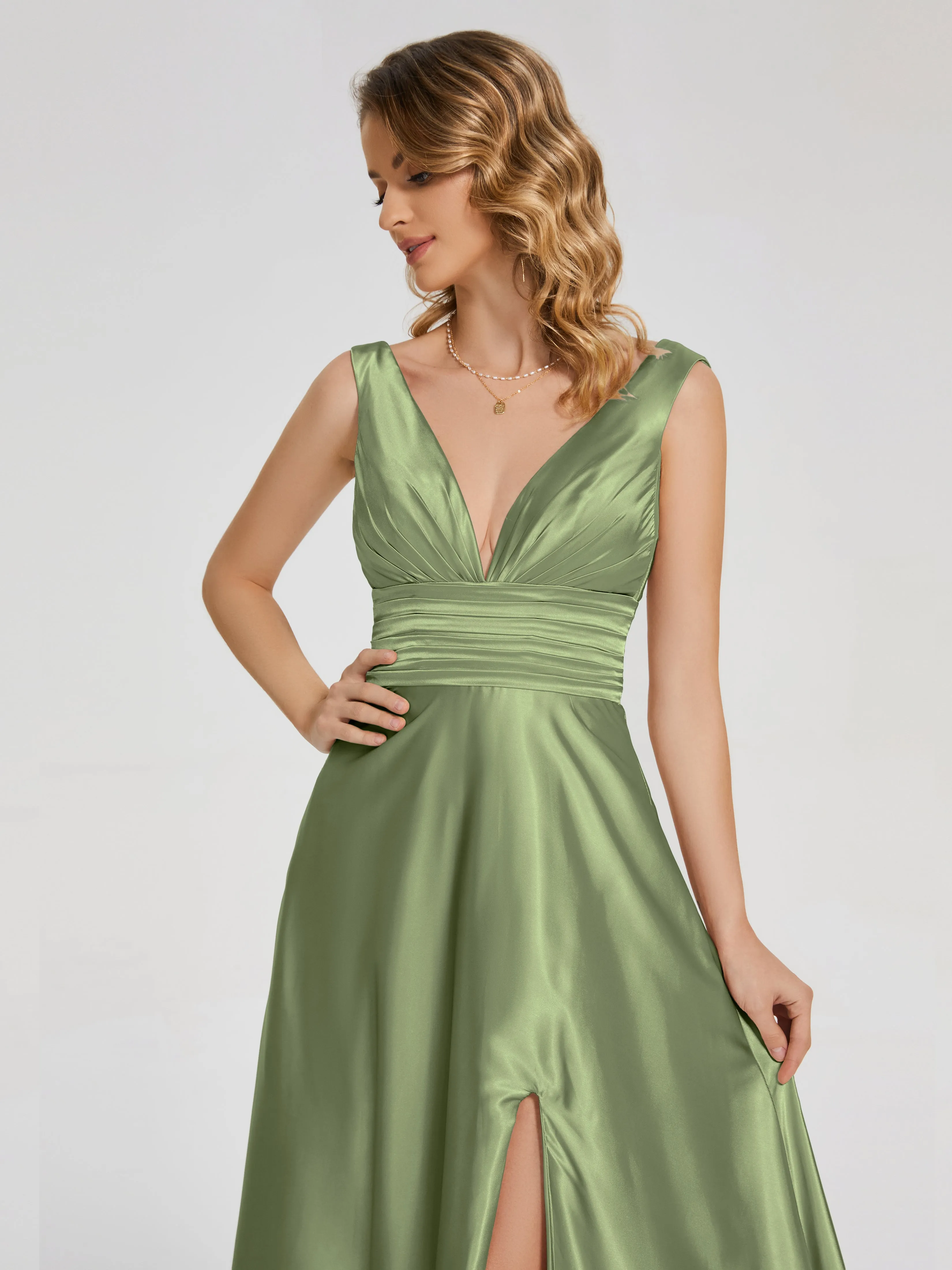 Sleeveless Split Soft Satin Evening Dresses