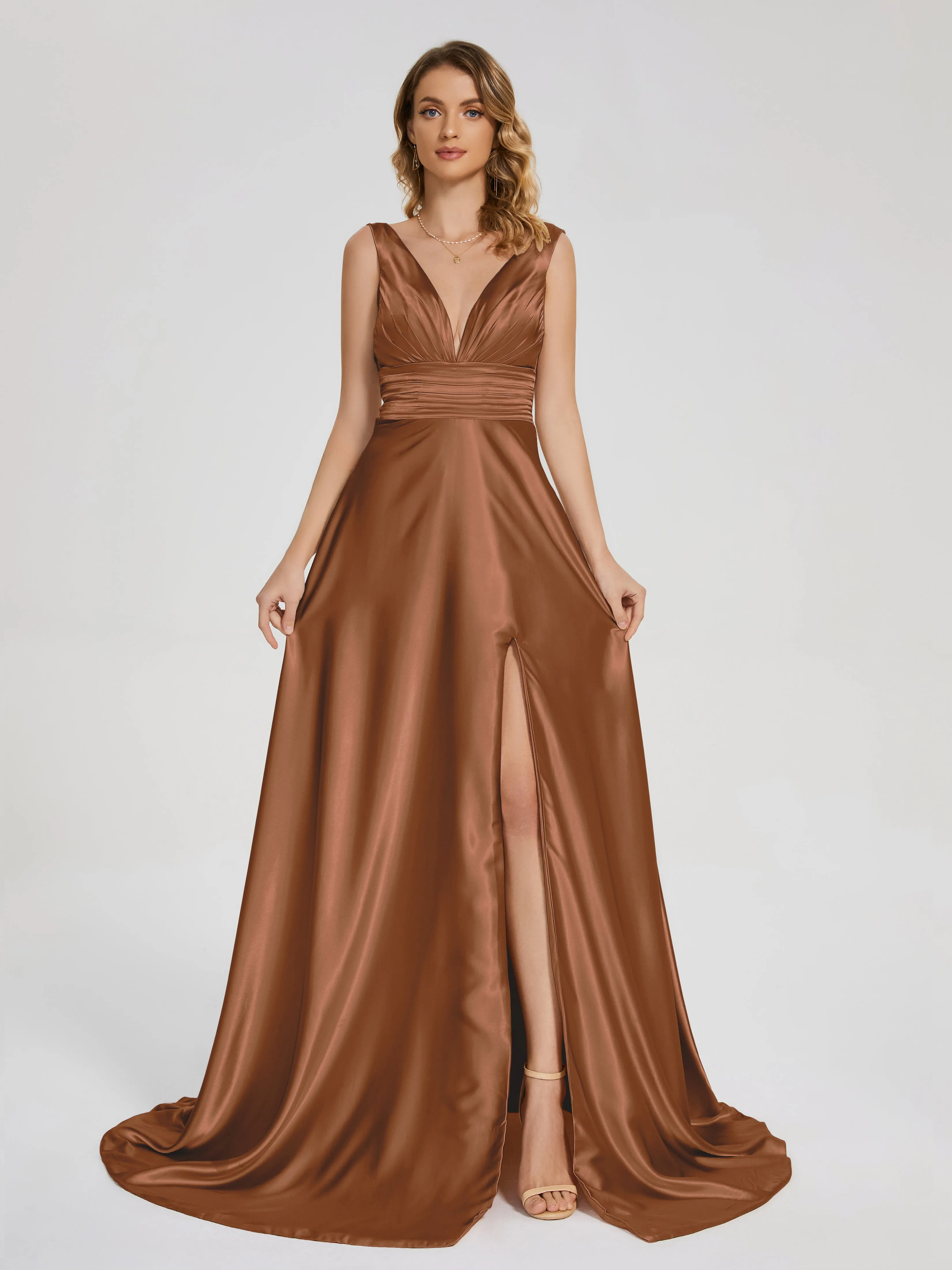 Sleeveless Split Soft Satin Evening Dresses