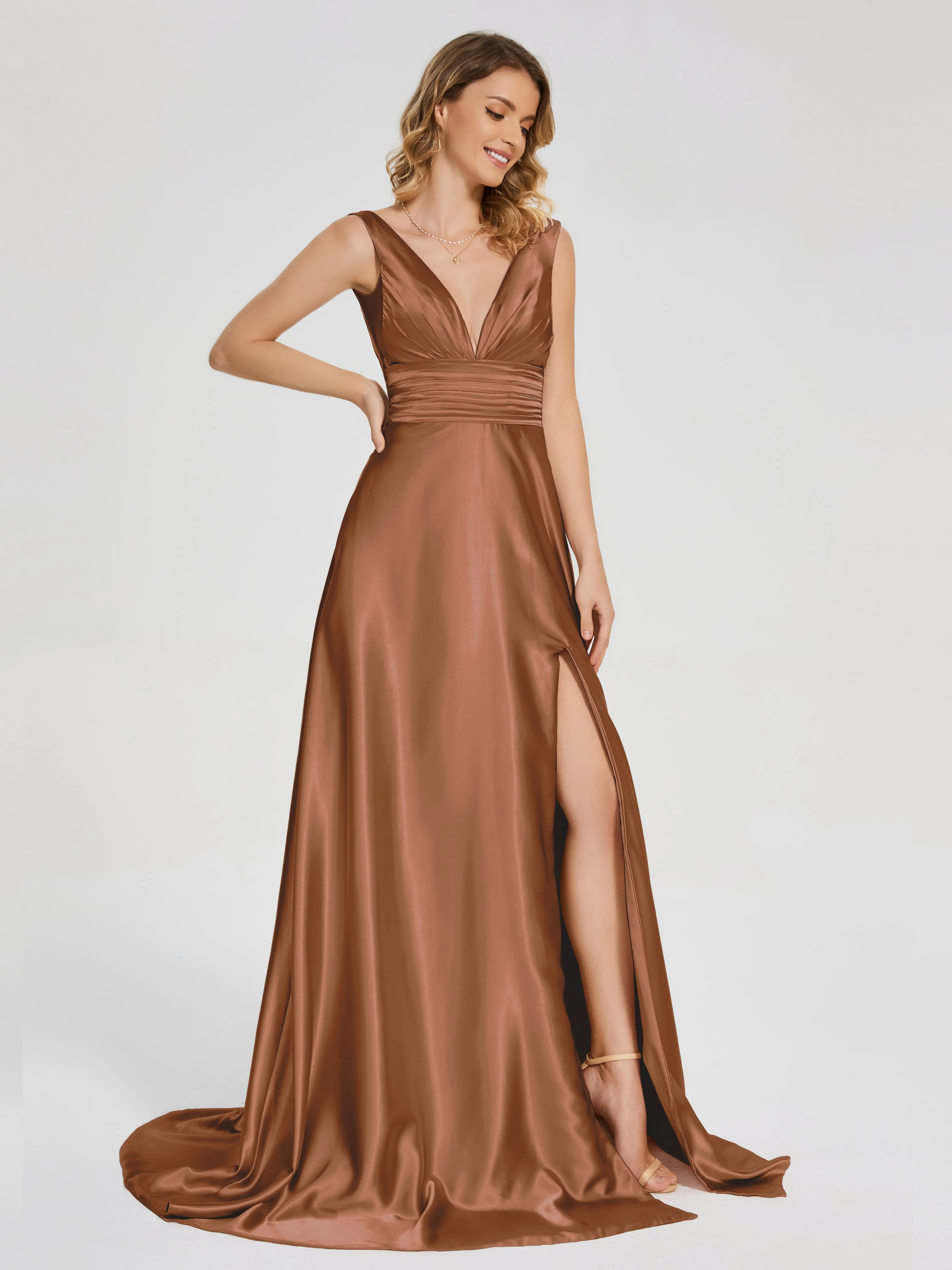 Sleeveless Split Soft Satin Evening Dresses