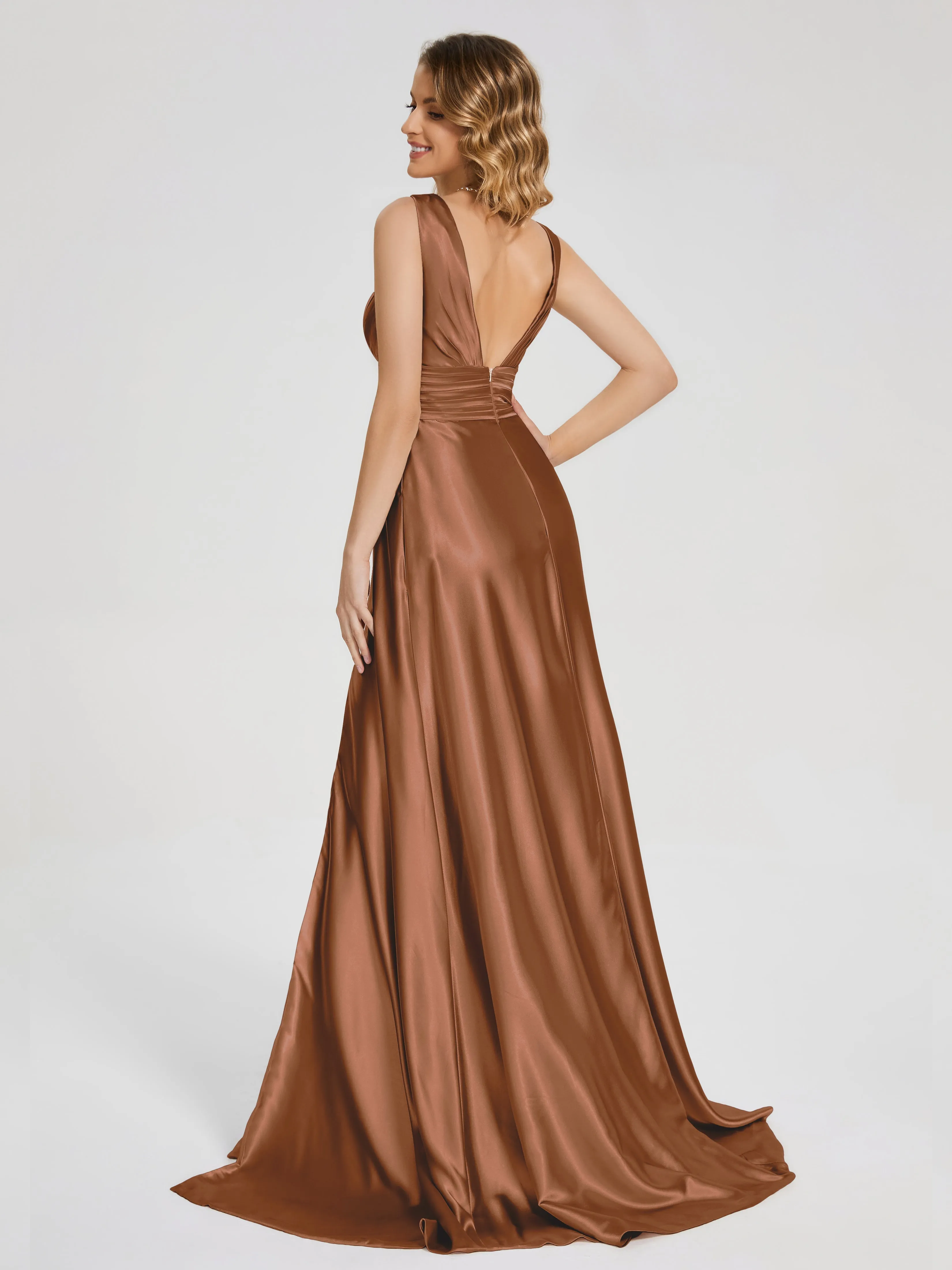 Sleeveless Split Soft Satin Evening Dresses