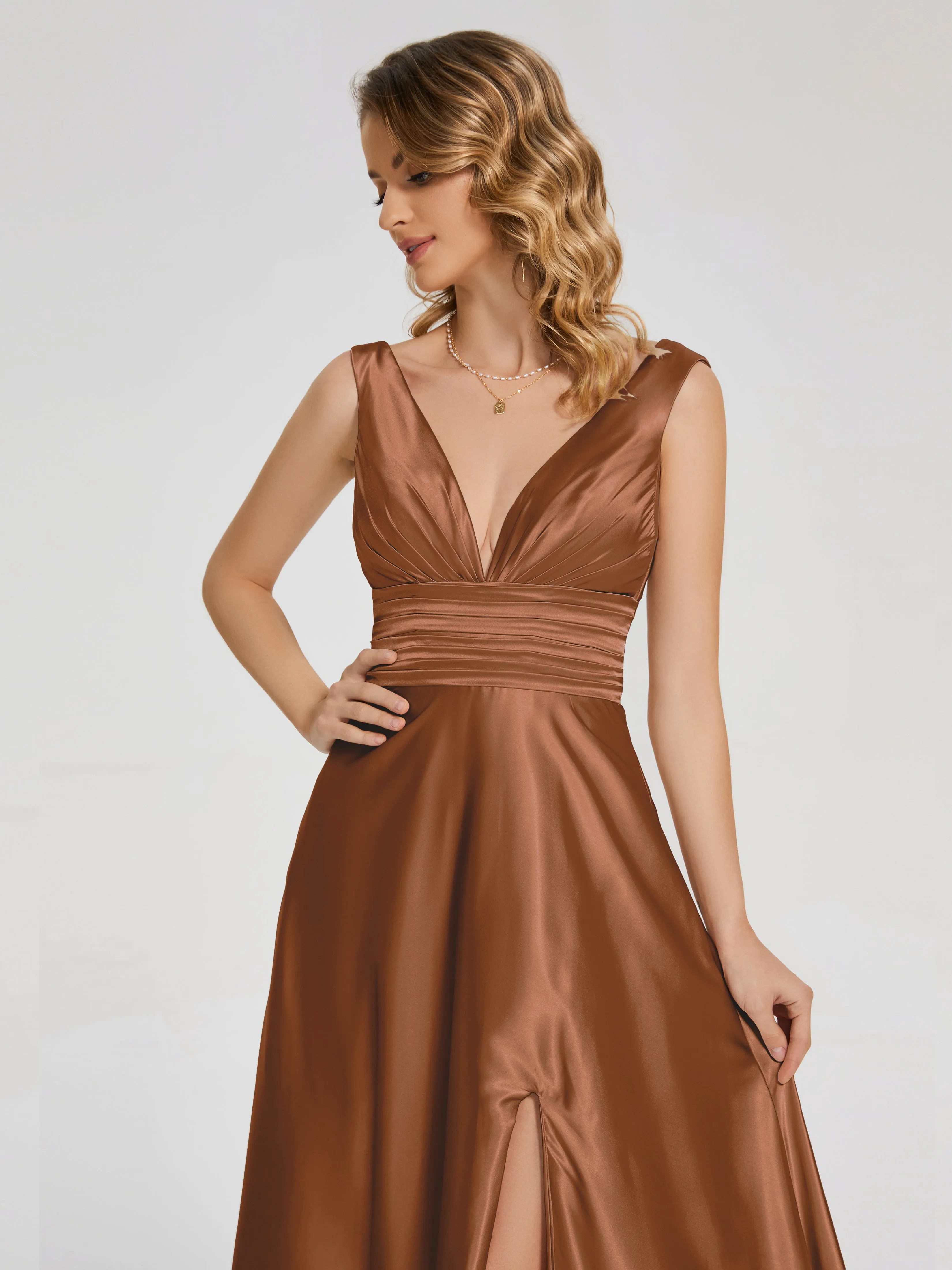 Sleeveless Split Soft Satin Evening Dresses