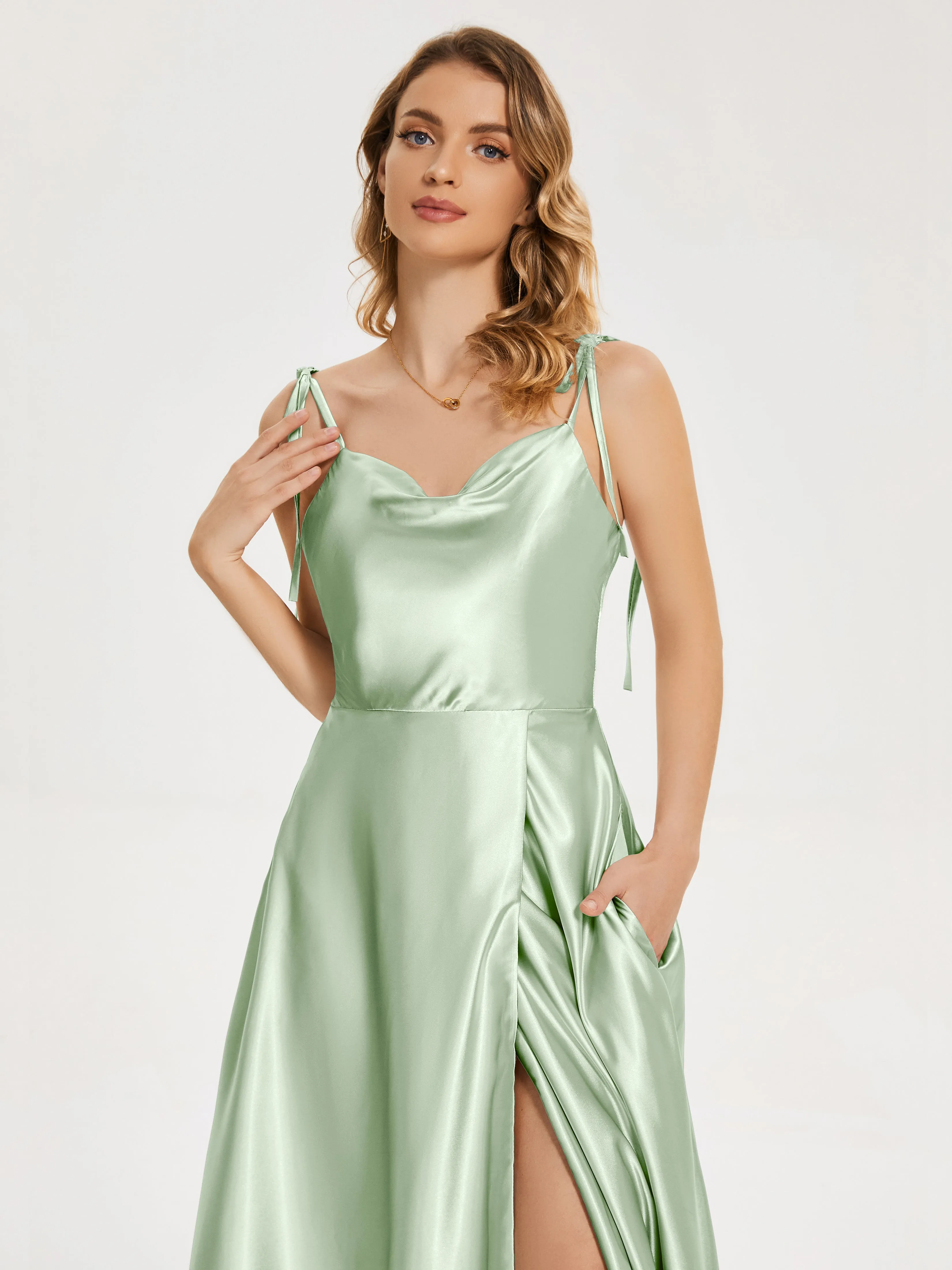 Soft Satin Split Bridesmaid Dresses with Train