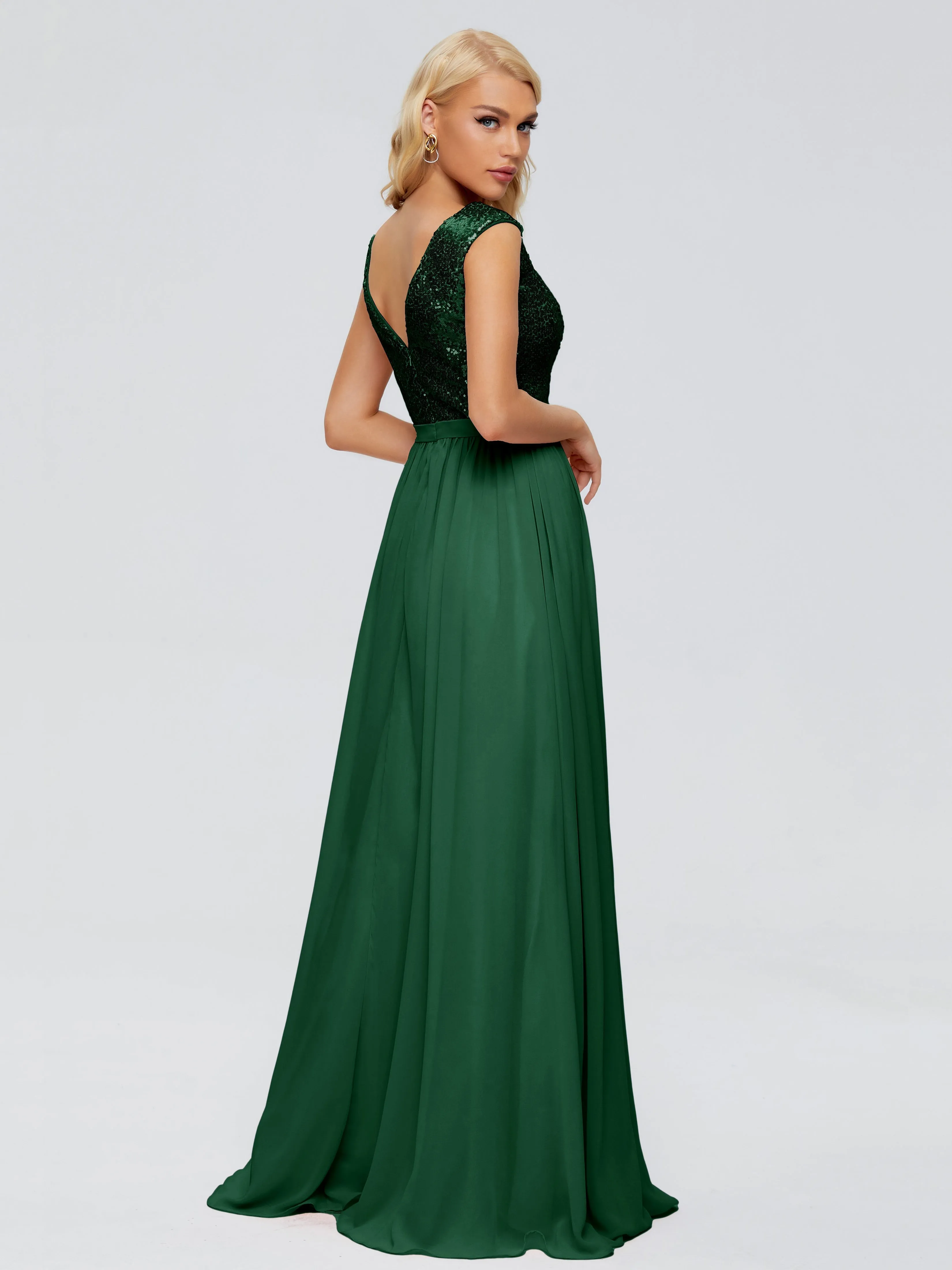 Plunging Neckline Sequin/Chiffon Evening Gowns