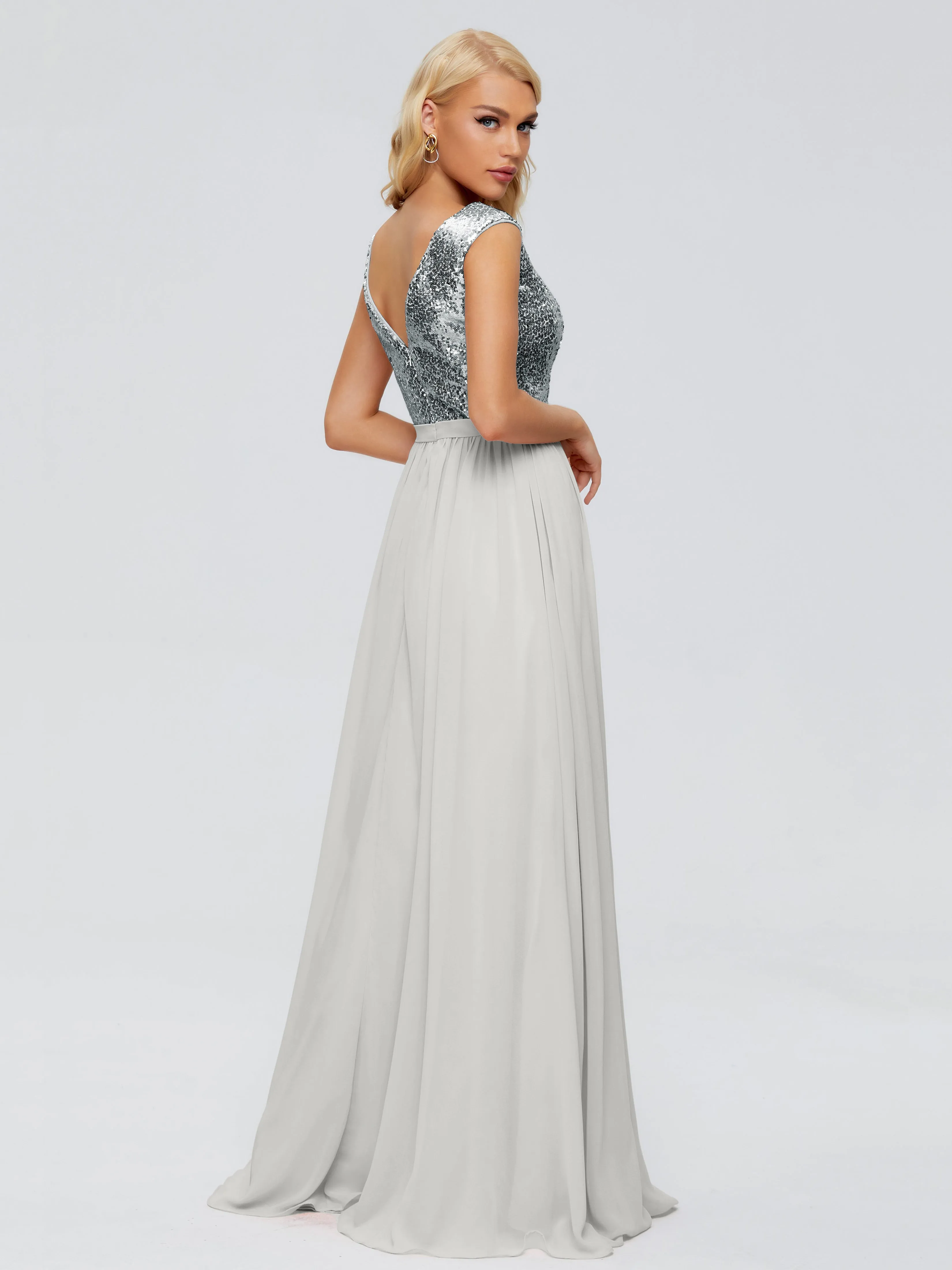 Plunging Neckline Sequin/Chiffon Evening Gowns