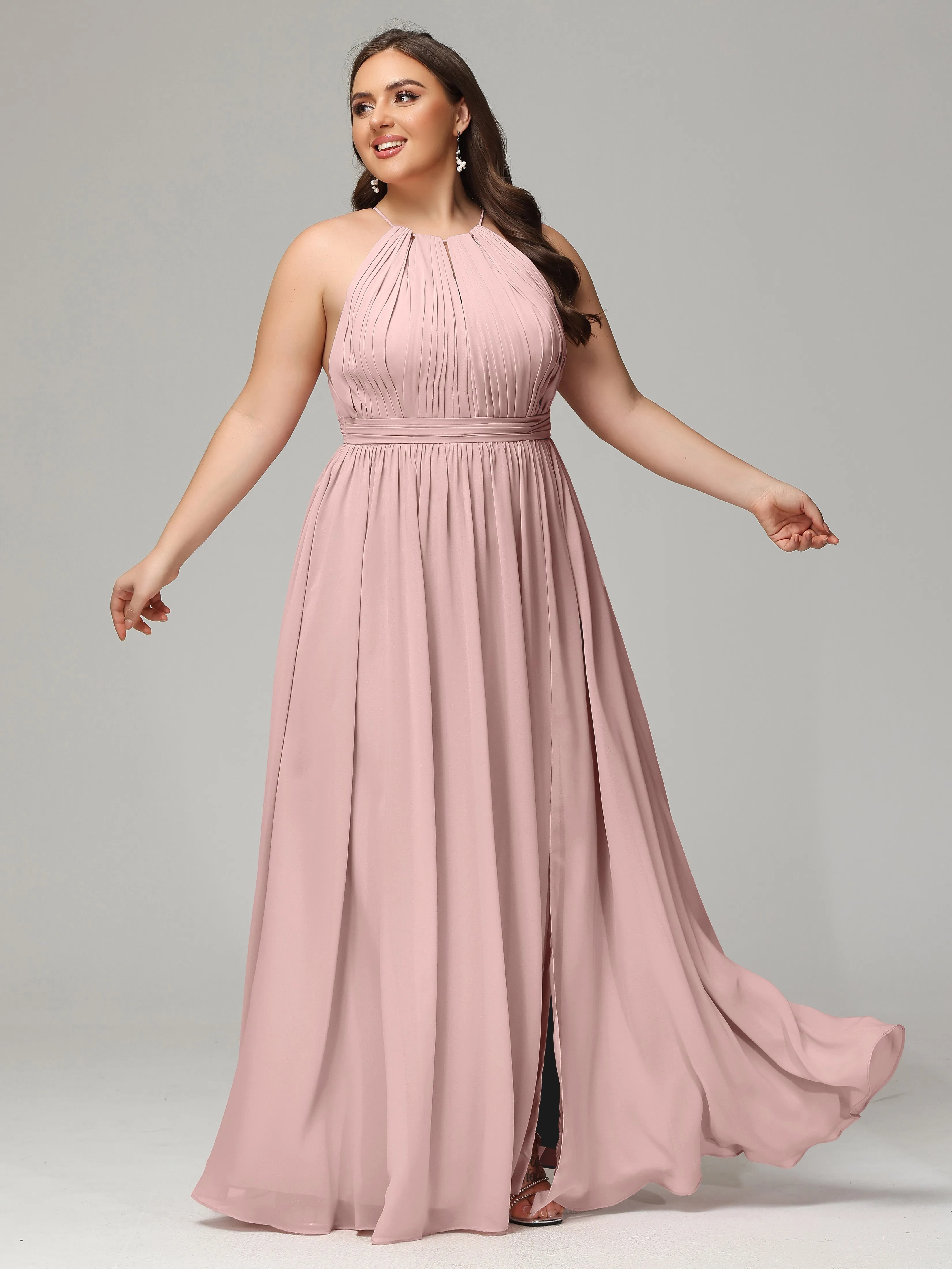 Front Slit Halter Chiffon Plus Size Bridesmaid Dresses