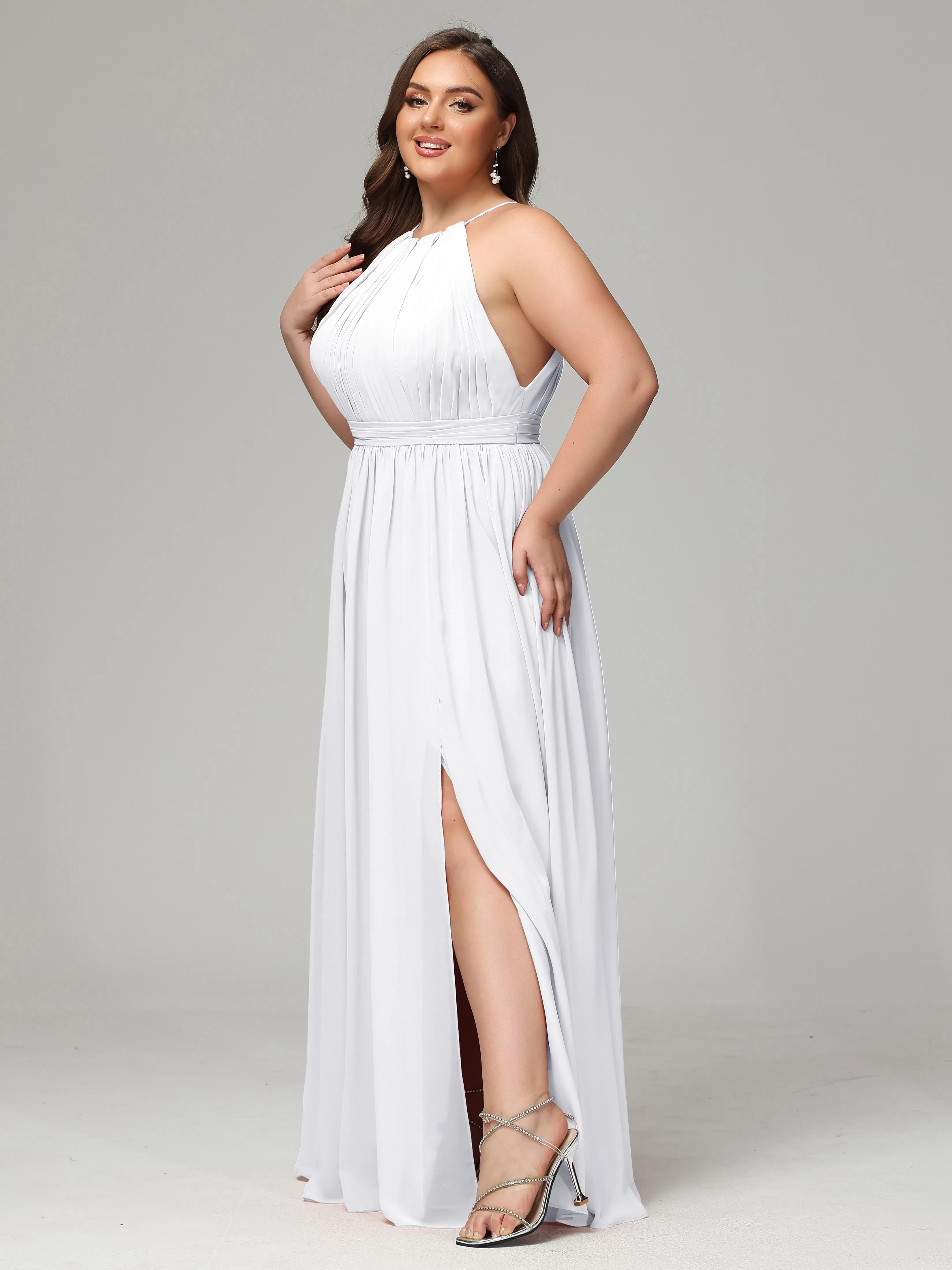 Front Slit Halter Chiffon Plus Size Bridesmaid Dresses