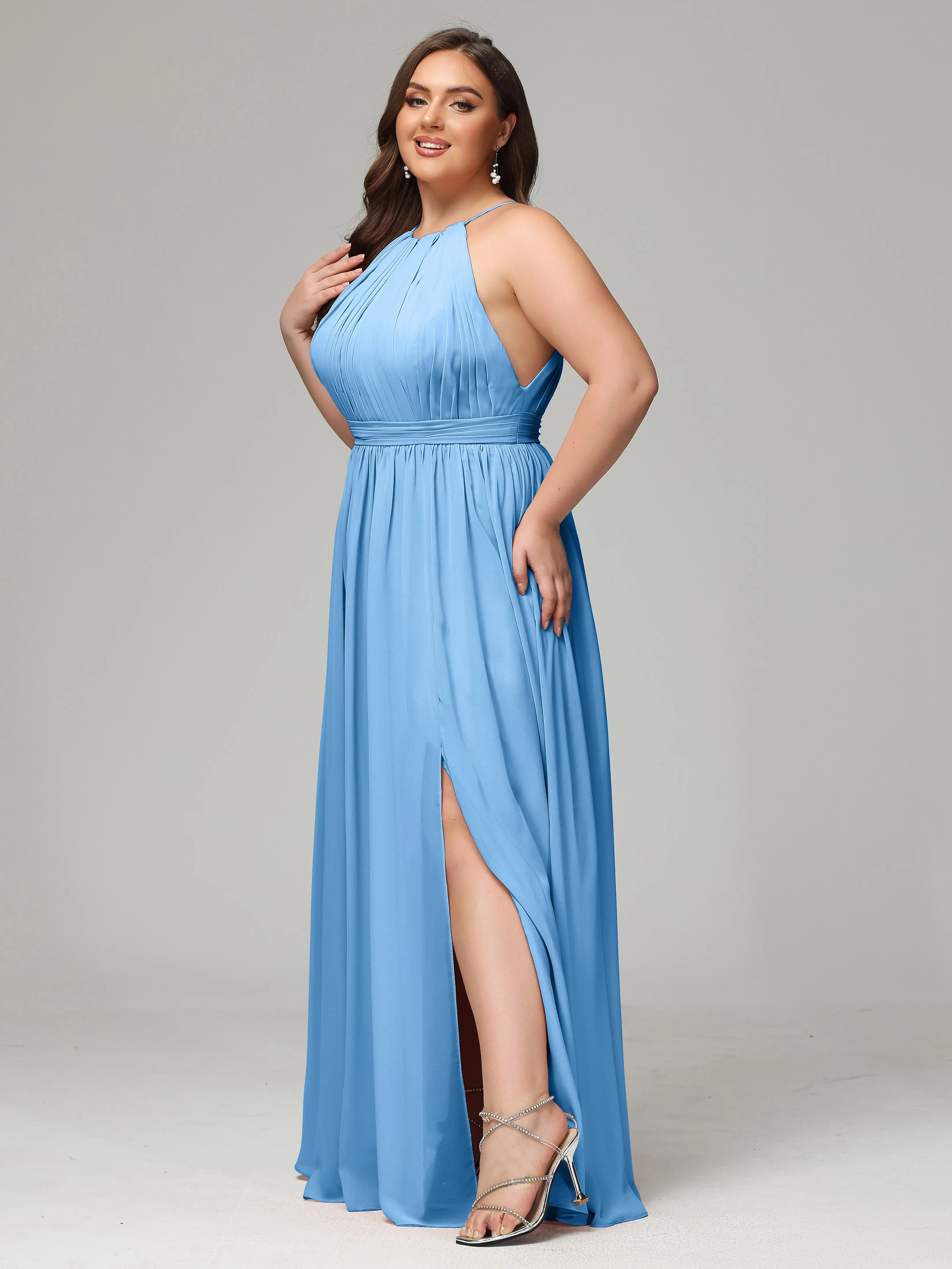 Front Slit Halter Chiffon Plus Size Bridesmaid Dresses