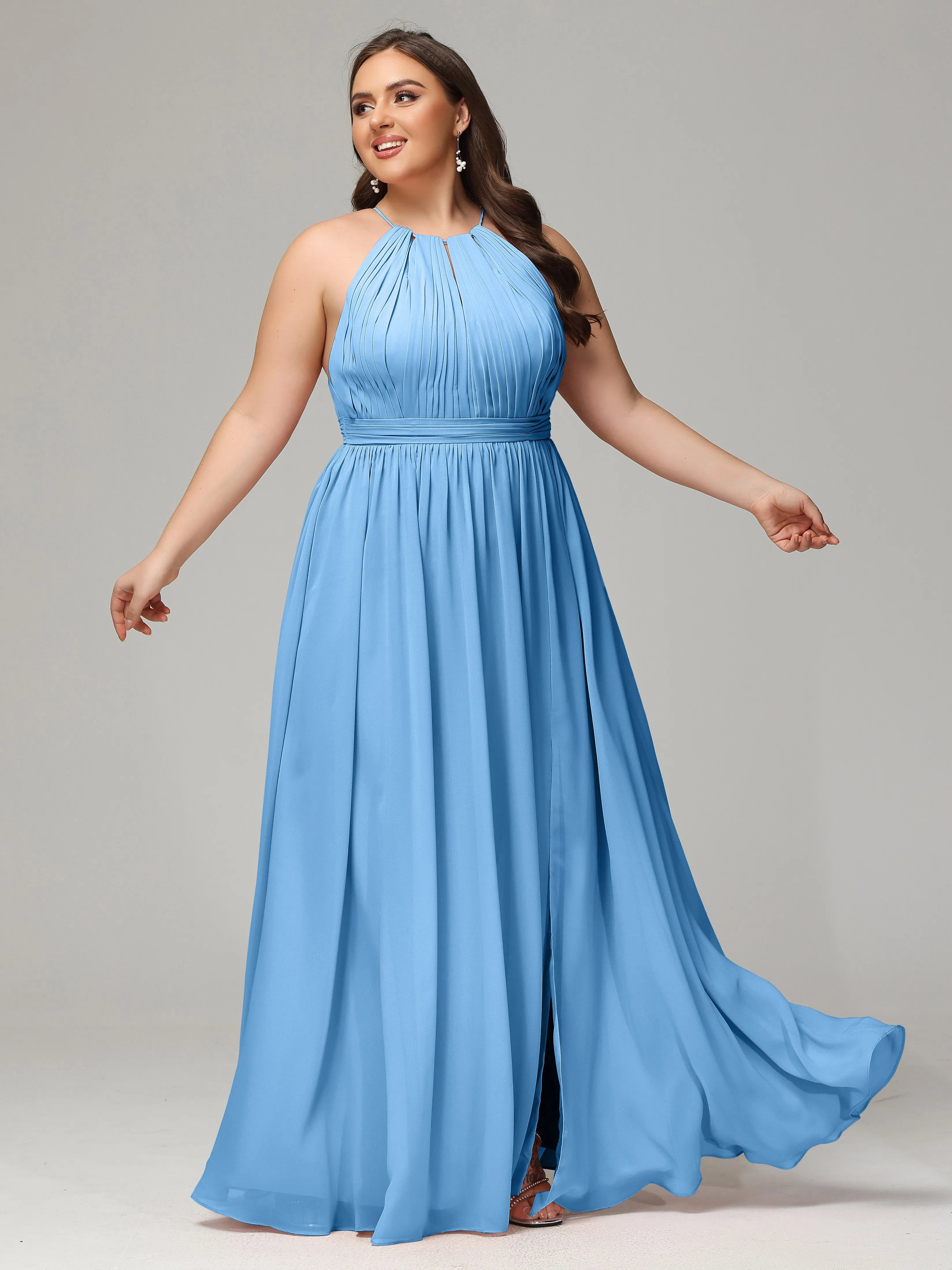 Front Slit Halter Chiffon Plus Size Bridesmaid Dresses