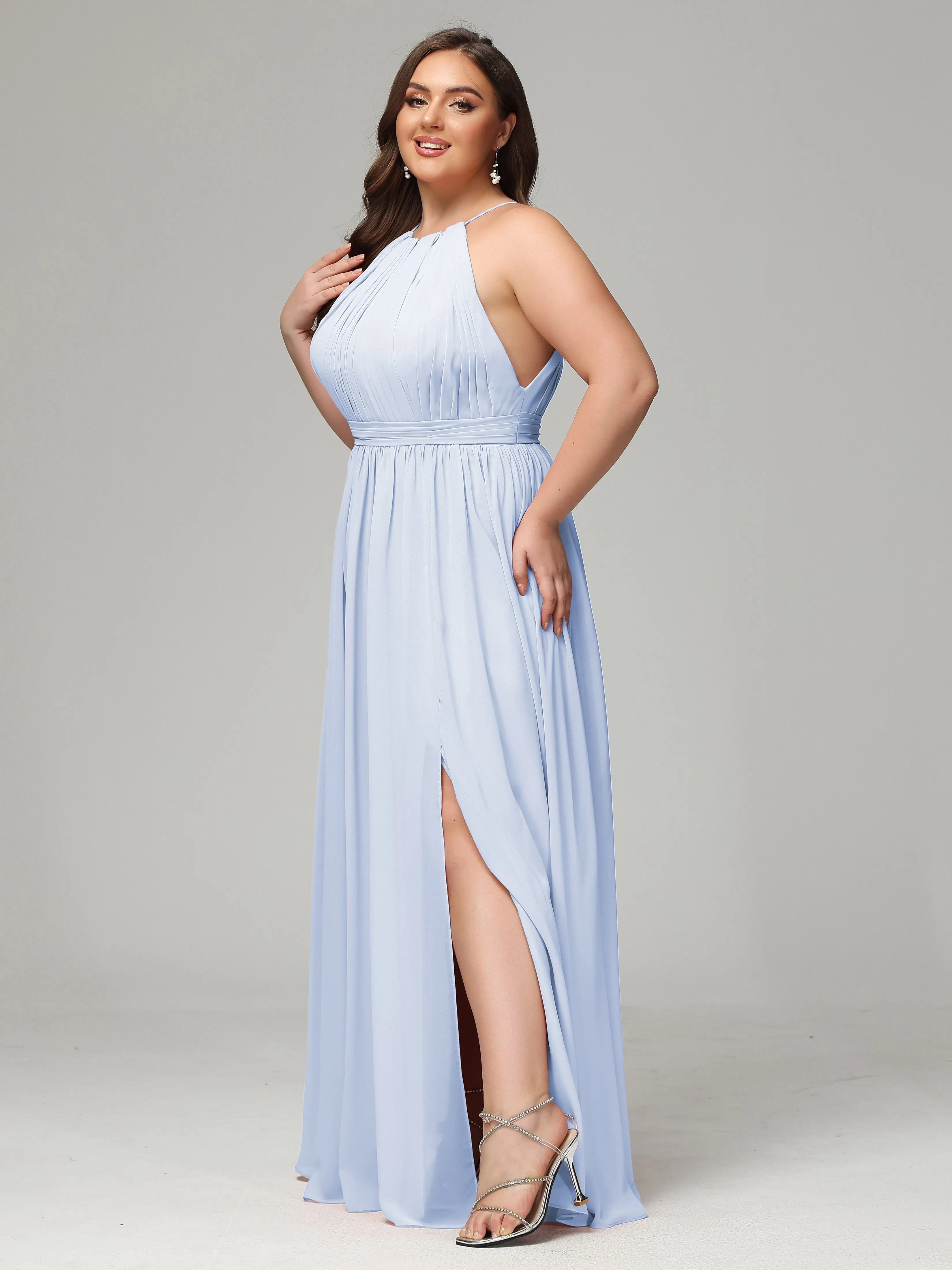 Front Slit Halter Chiffon Plus Size Bridesmaid Dresses