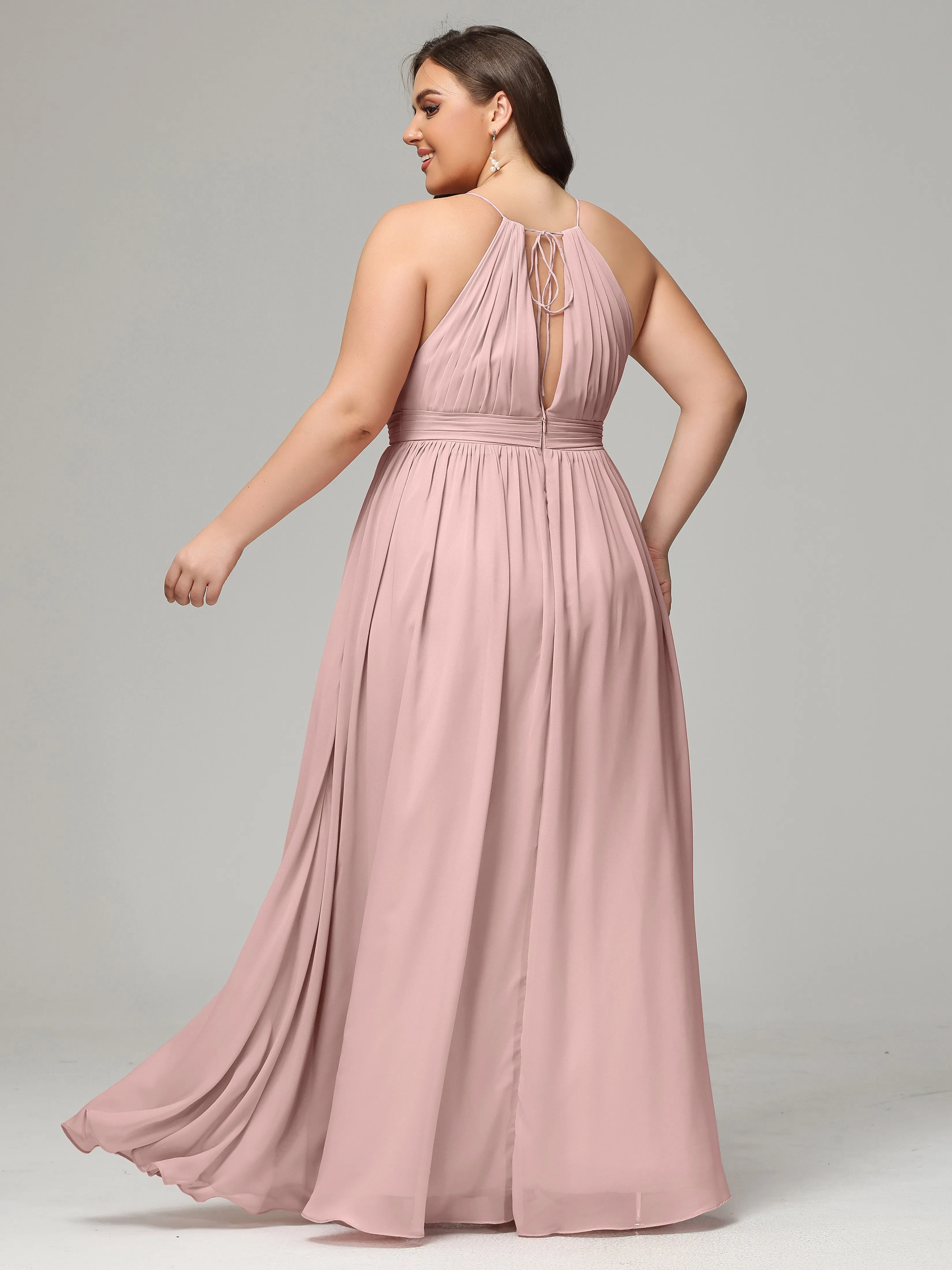 Front Slit Halter Chiffon Plus Size Bridesmaid Dresses