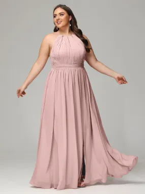 Front Slit Halter Chiffon Plus Size Bridesmaid Dresses