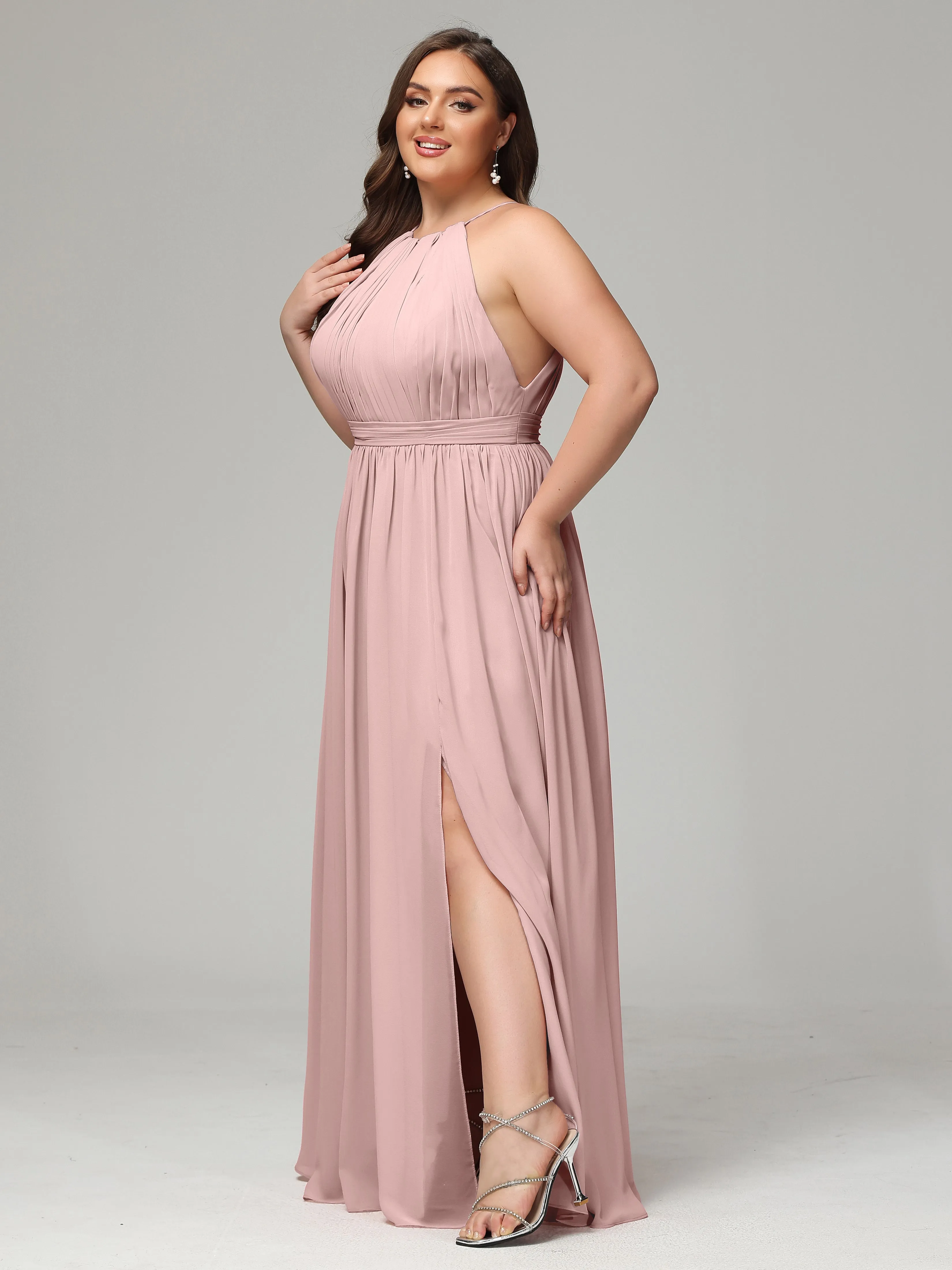 Front Slit Halter Chiffon Plus Size Bridesmaid Dresses