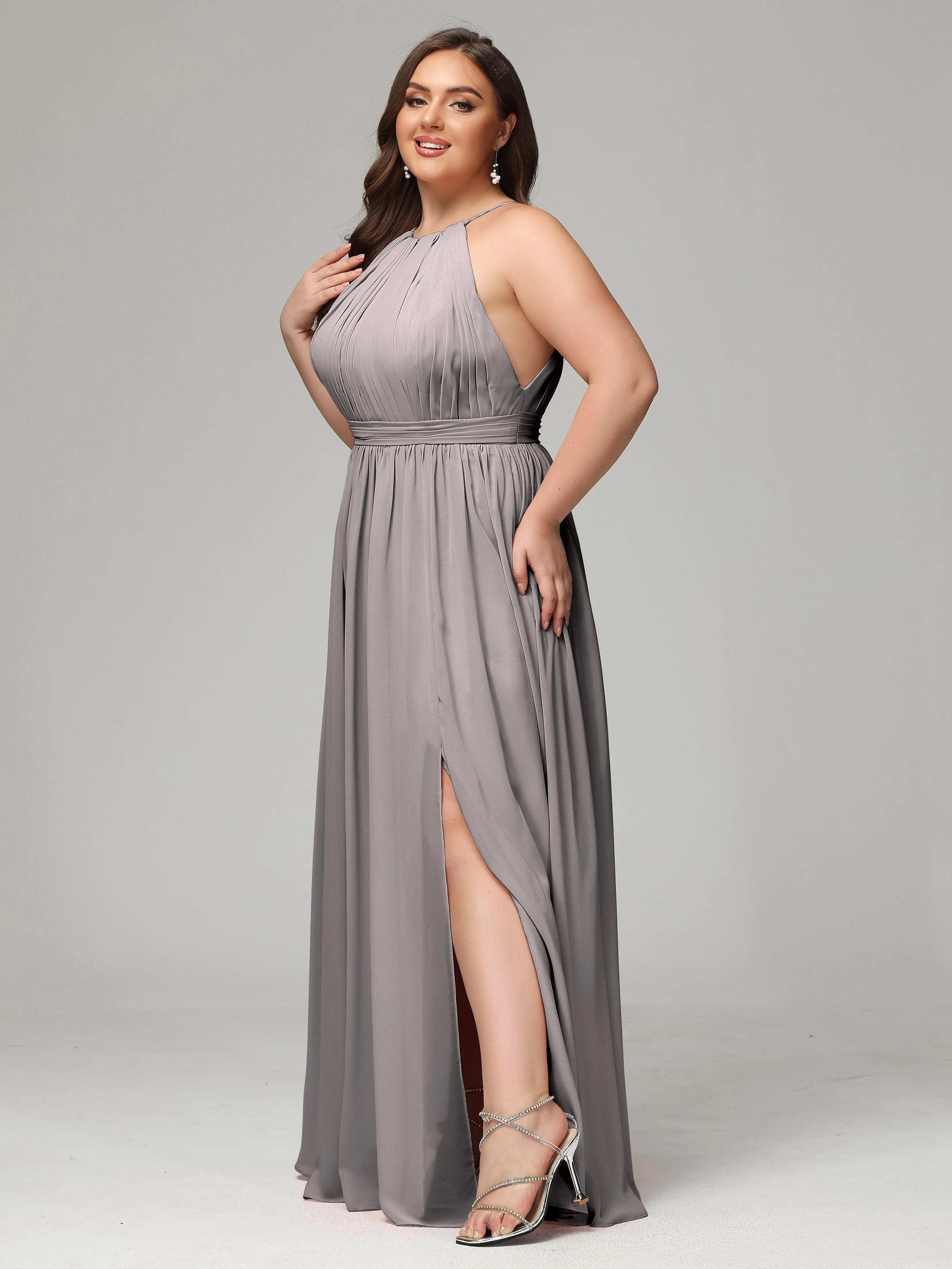 Front Slit Halter Chiffon Plus Size Bridesmaid Dresses