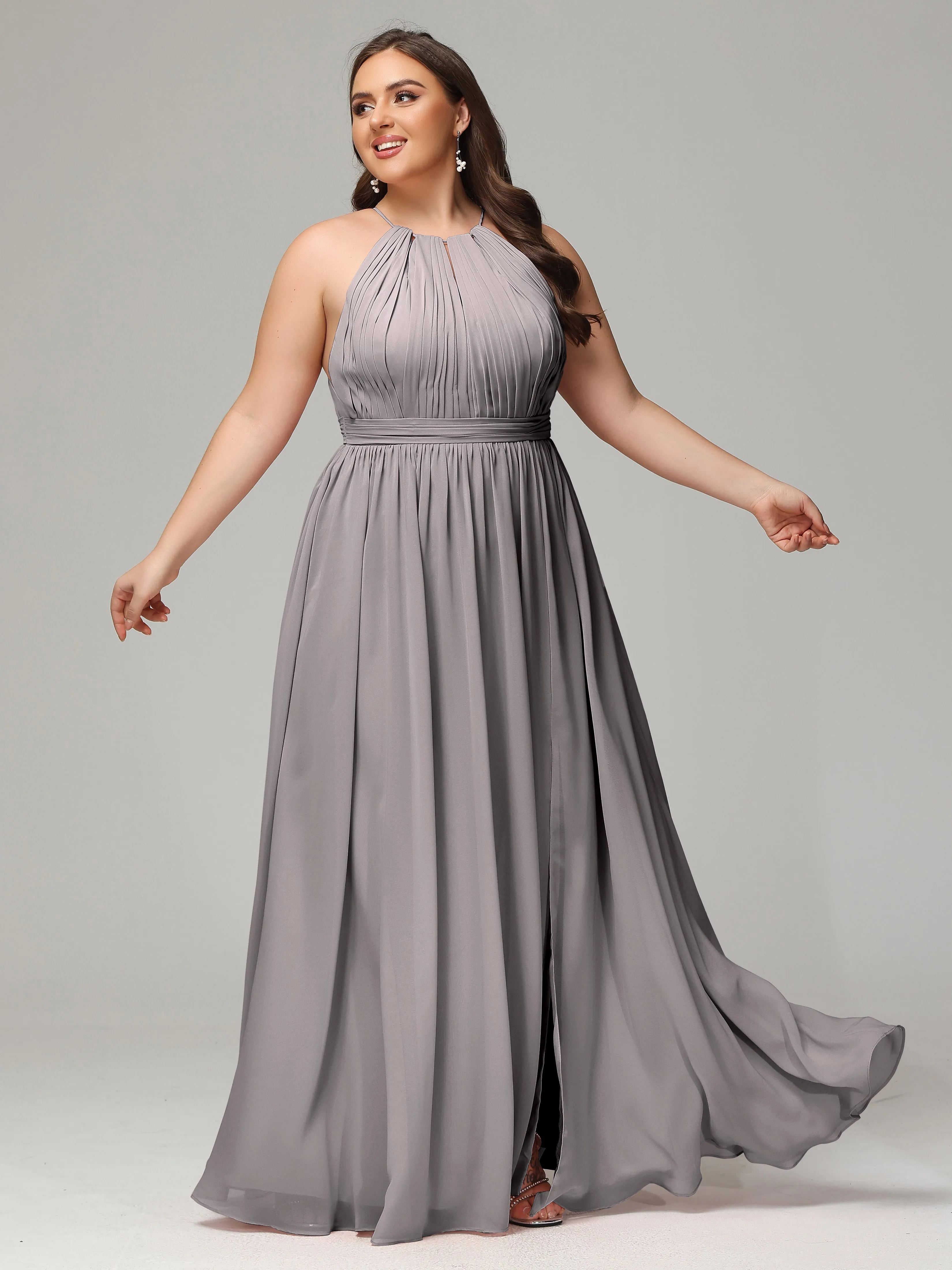 Front Slit Halter Chiffon Plus Size Bridesmaid Dresses