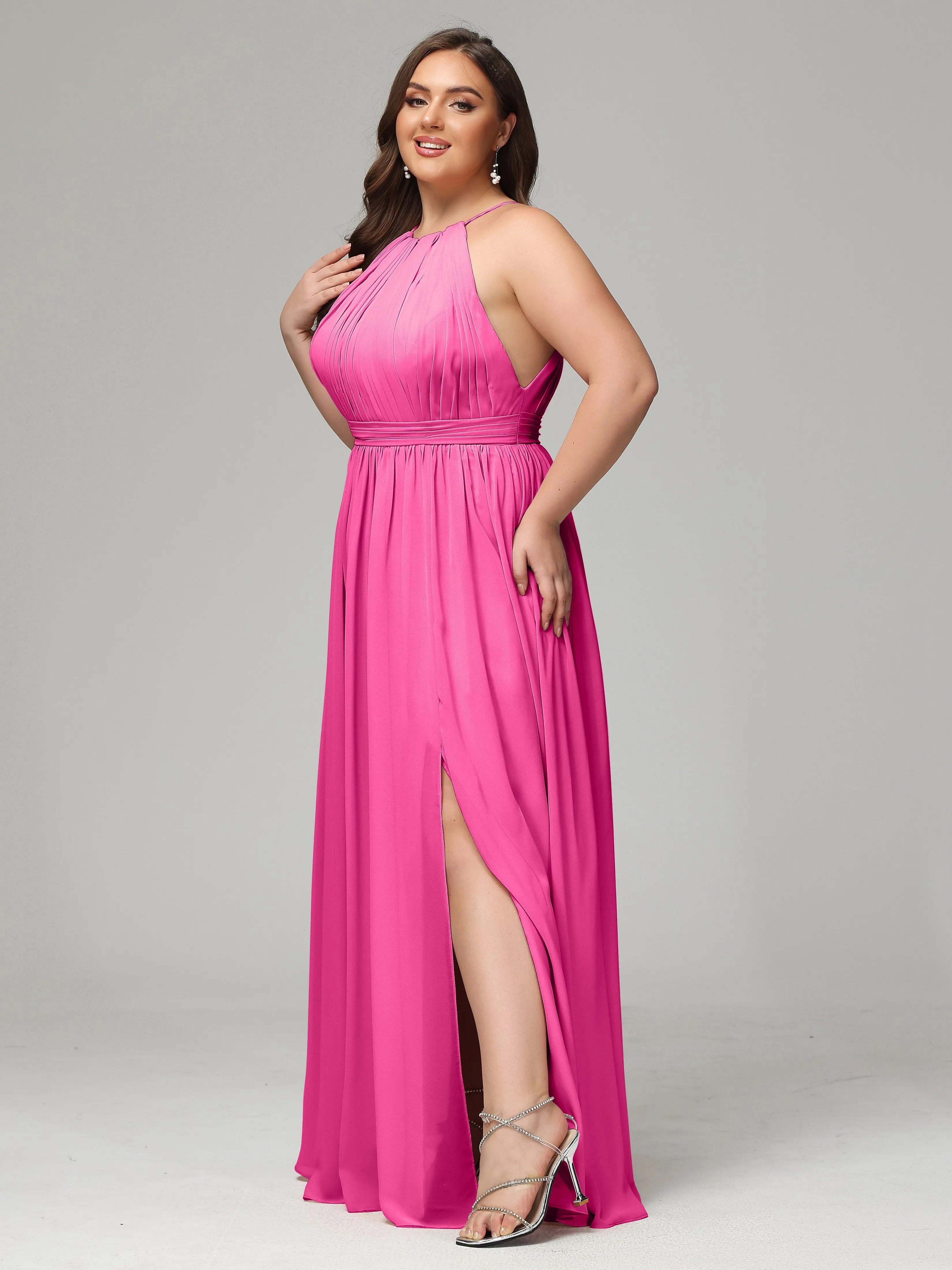 Front Slit Halter Chiffon Plus Size Bridesmaid Dresses