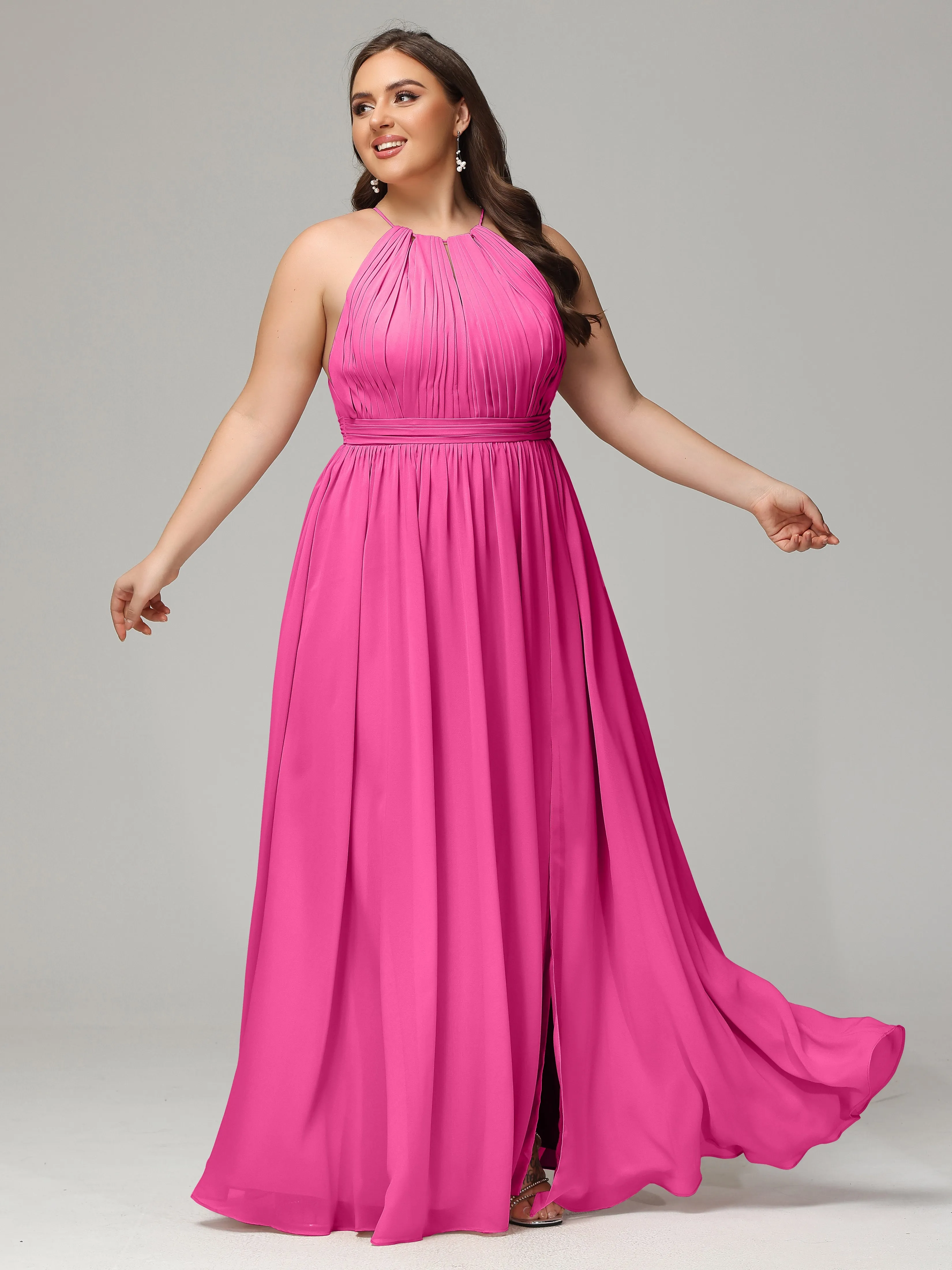 Front Slit Halter Chiffon Plus Size Bridesmaid Dresses