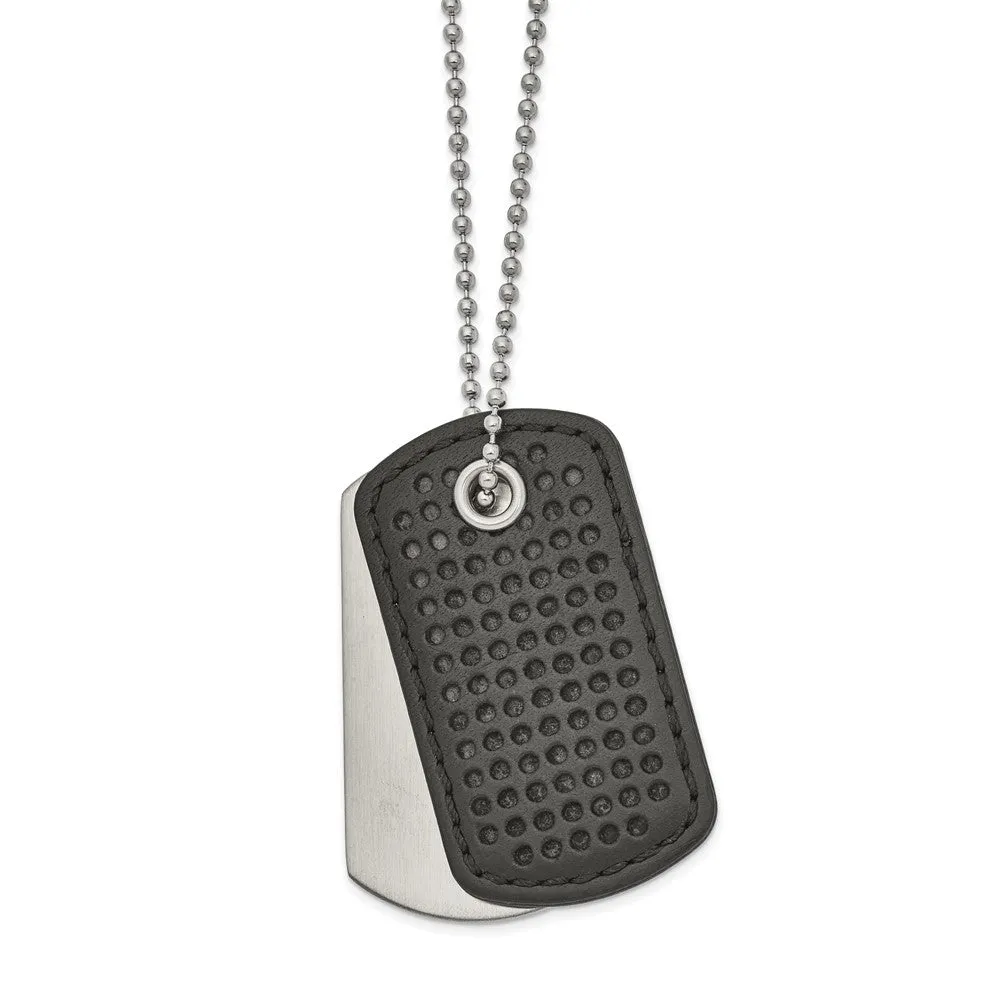 22 Inch Men's Stainless Steel and Black Leather 2 Piece Dog Tag Necklace