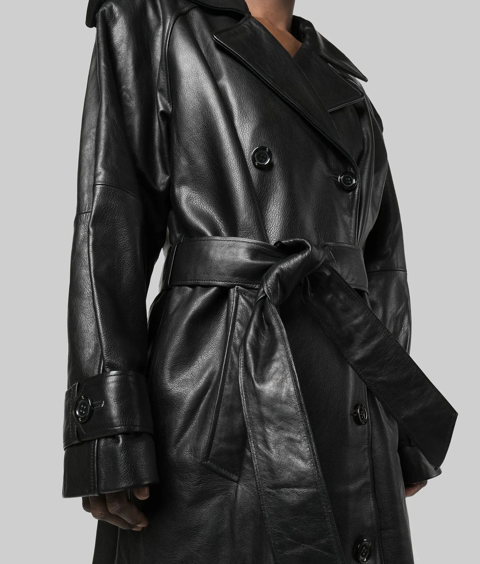 Tamara Belted Leather Trench Coat by NOUR HAMMOUR