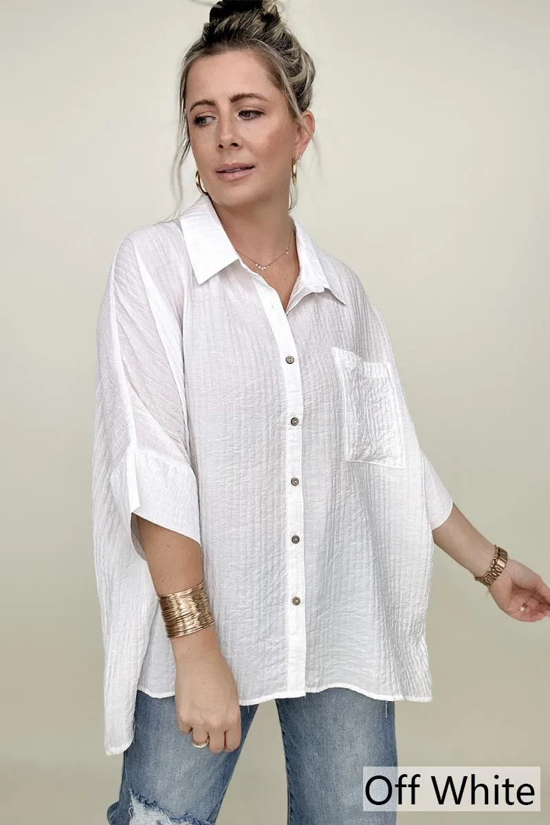 Pleated Batwing Button Up Top by Umgee