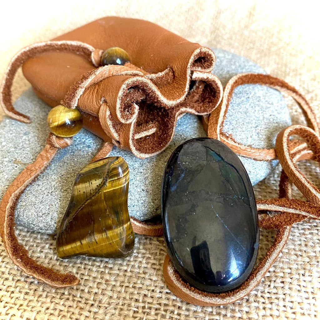 Elk Leather Neck Pouch with Shungite Palm Stone and Tiger's Eye