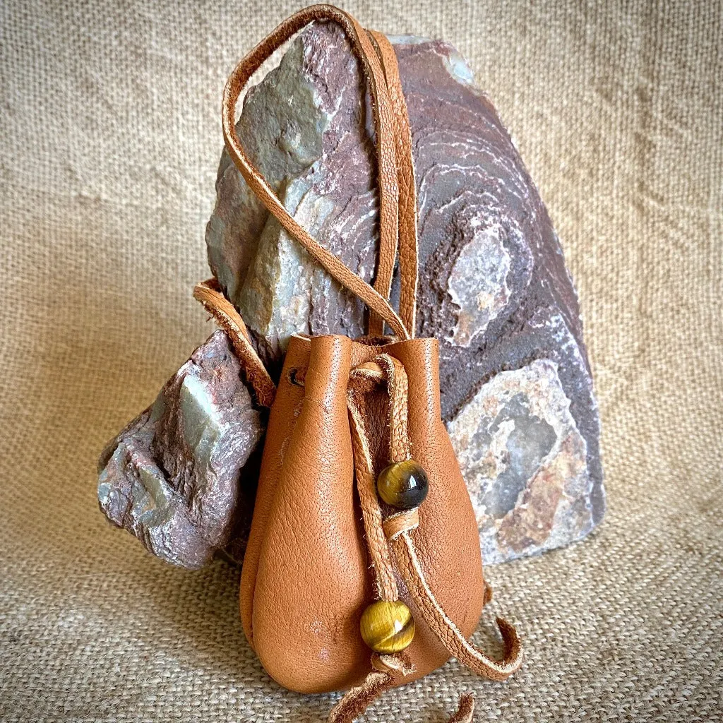 Elk Leather Neck Pouch with Shungite Palm Stone and Tiger's Eye