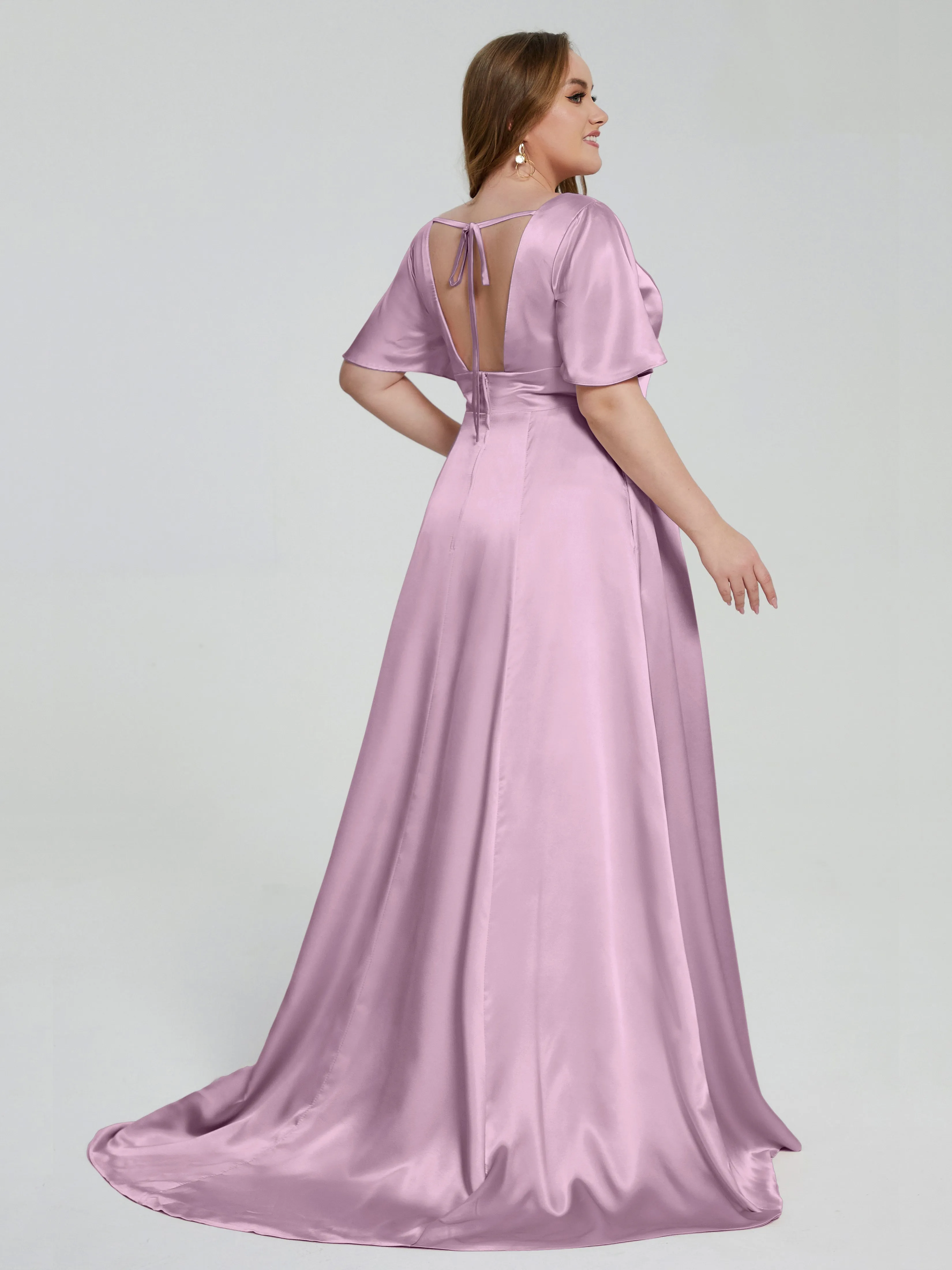 Vanessa Short-Sleeve Soft Satin Evening Dress