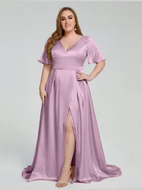 Vanessa Short-Sleeve Soft Satin Evening Dress