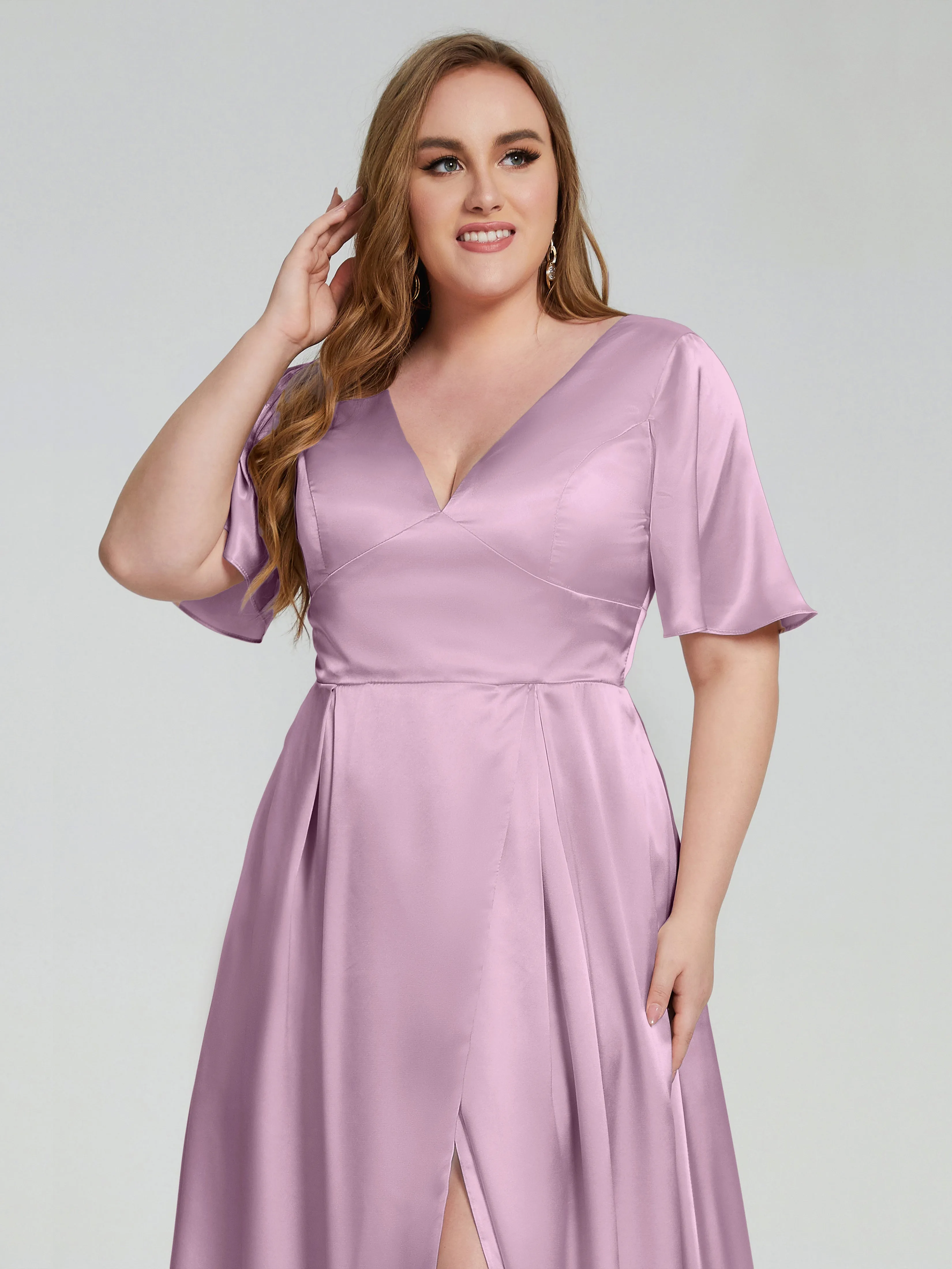 Vanessa Short-Sleeve Soft Satin Evening Dress