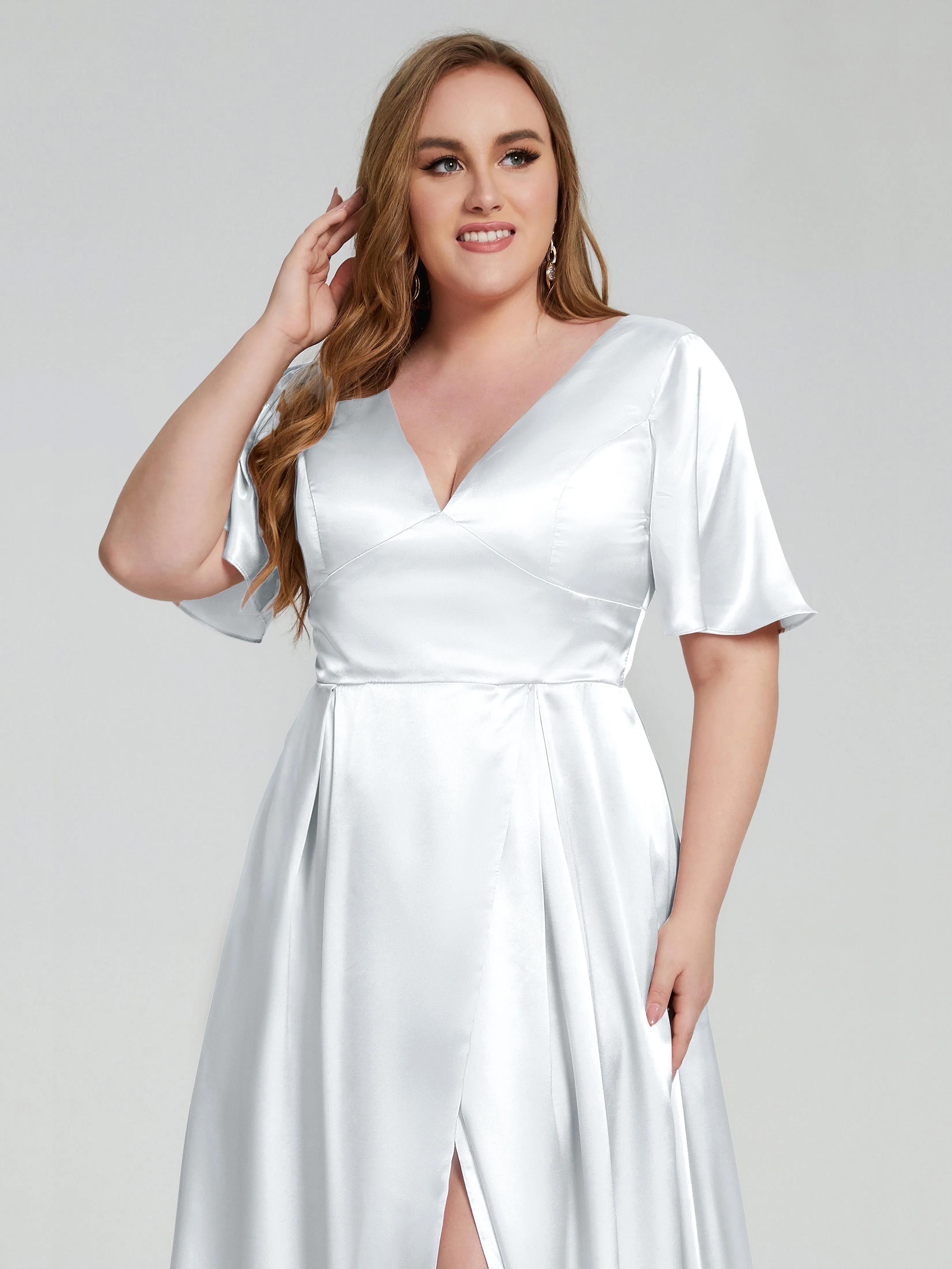 Vanessa Short-Sleeve Soft Satin Evening Dress