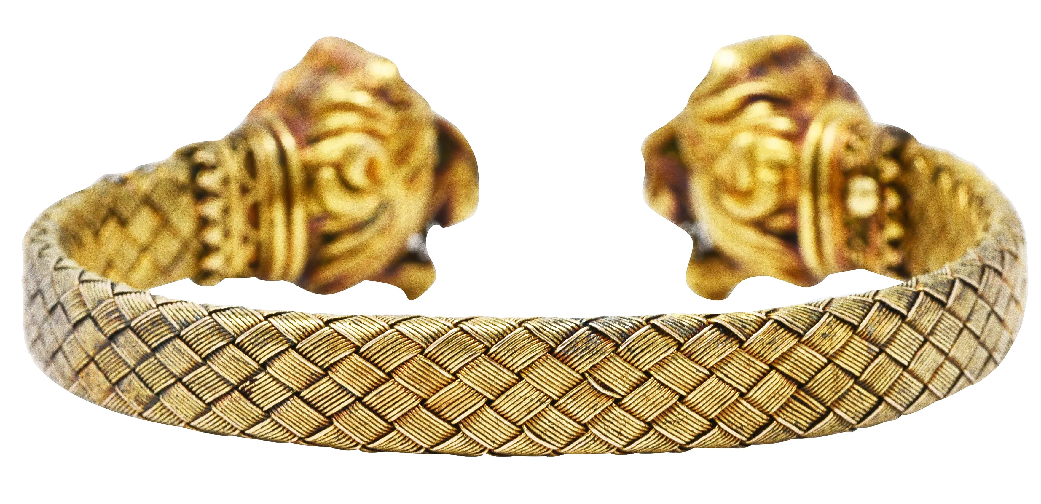 Victorian Gold Lion Diamond Cuff Bracelet Antique 18 Karat