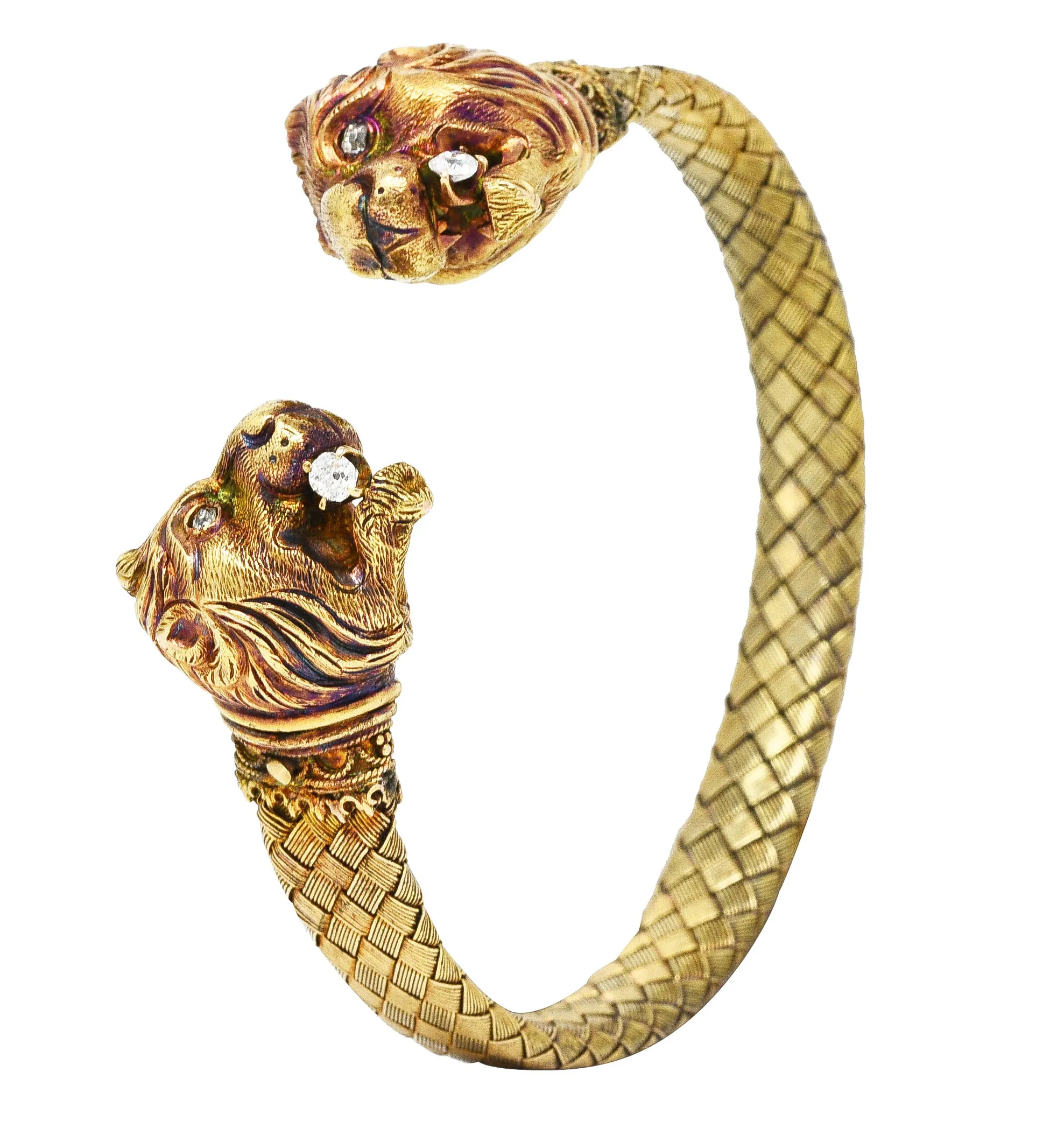 Victorian Gold Lion Diamond Cuff Bracelet Antique 18 Karat