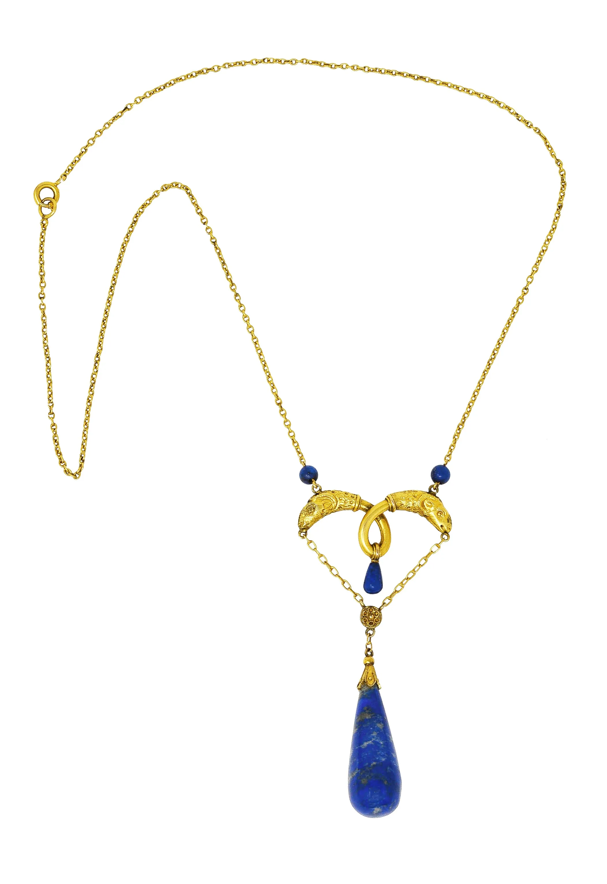 Victorian Etruscan Revival Lapis Lazuli 14K Yellow Gold Ram Antique Swagged Necklace