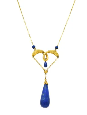 Victorian Etruscan Revival Lapis Lazuli 14K Yellow Gold Ram Antique Swagged Necklace