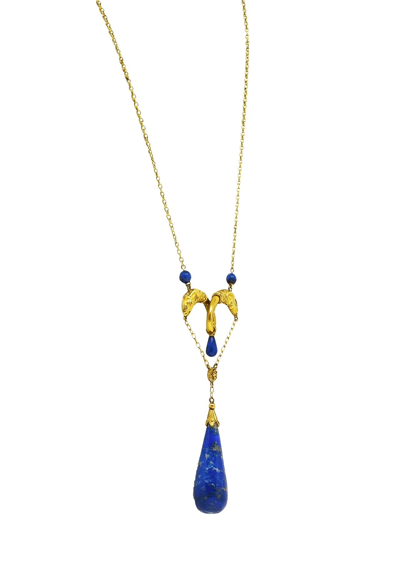 Victorian Etruscan Revival Lapis Lazuli 14K Yellow Gold Ram Antique Swagged Necklace