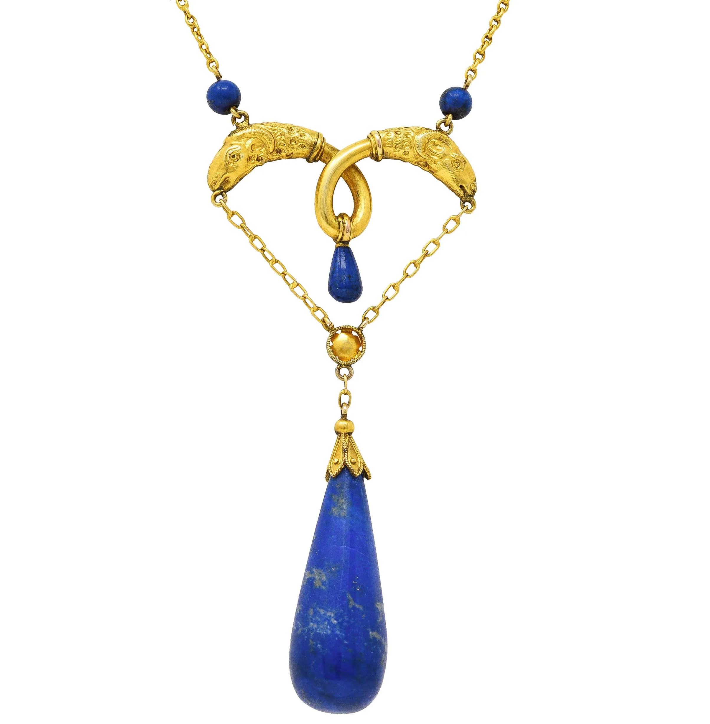 Victorian Etruscan Revival Lapis Lazuli 14K Yellow Gold Ram Antique Swagged Necklace