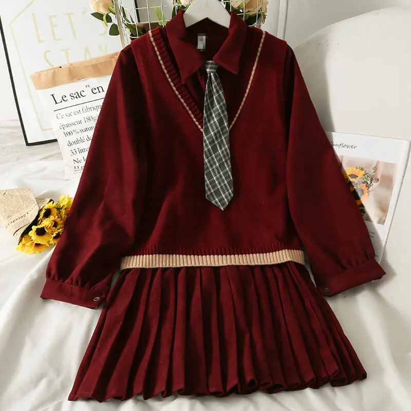 BY9006 Vintage College Style Pleated Dress with Knitted Vest