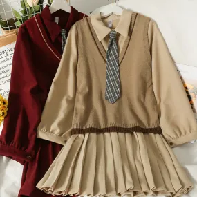 BY9006 Vintage College Style Pleated Dress with Knitted Vest