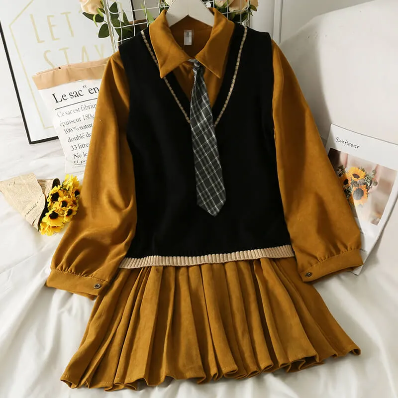 BY9006 Vintage College Style Pleated Dress with Knitted Vest