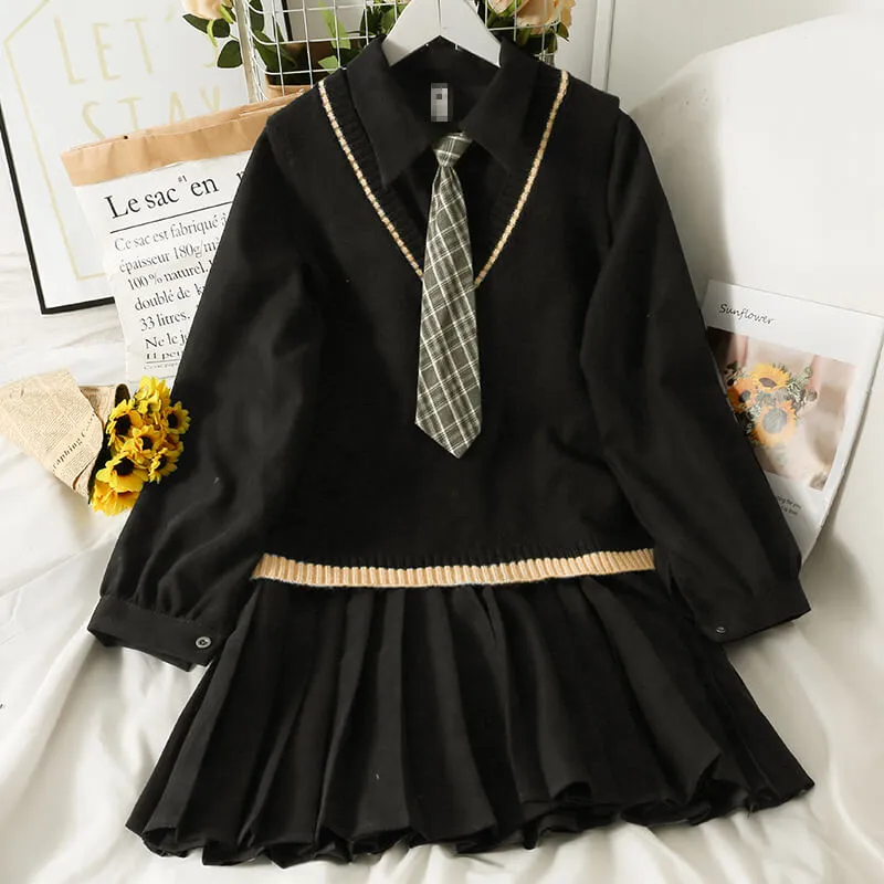 BY9006 Vintage College Style Pleated Dress with Knitted Vest