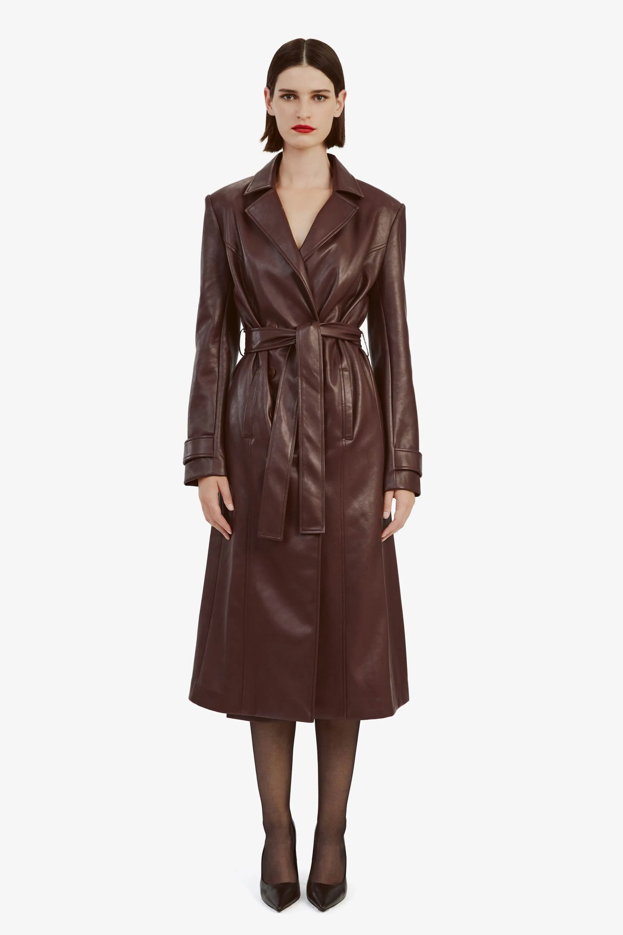 vegan leather trench coat in deep purple