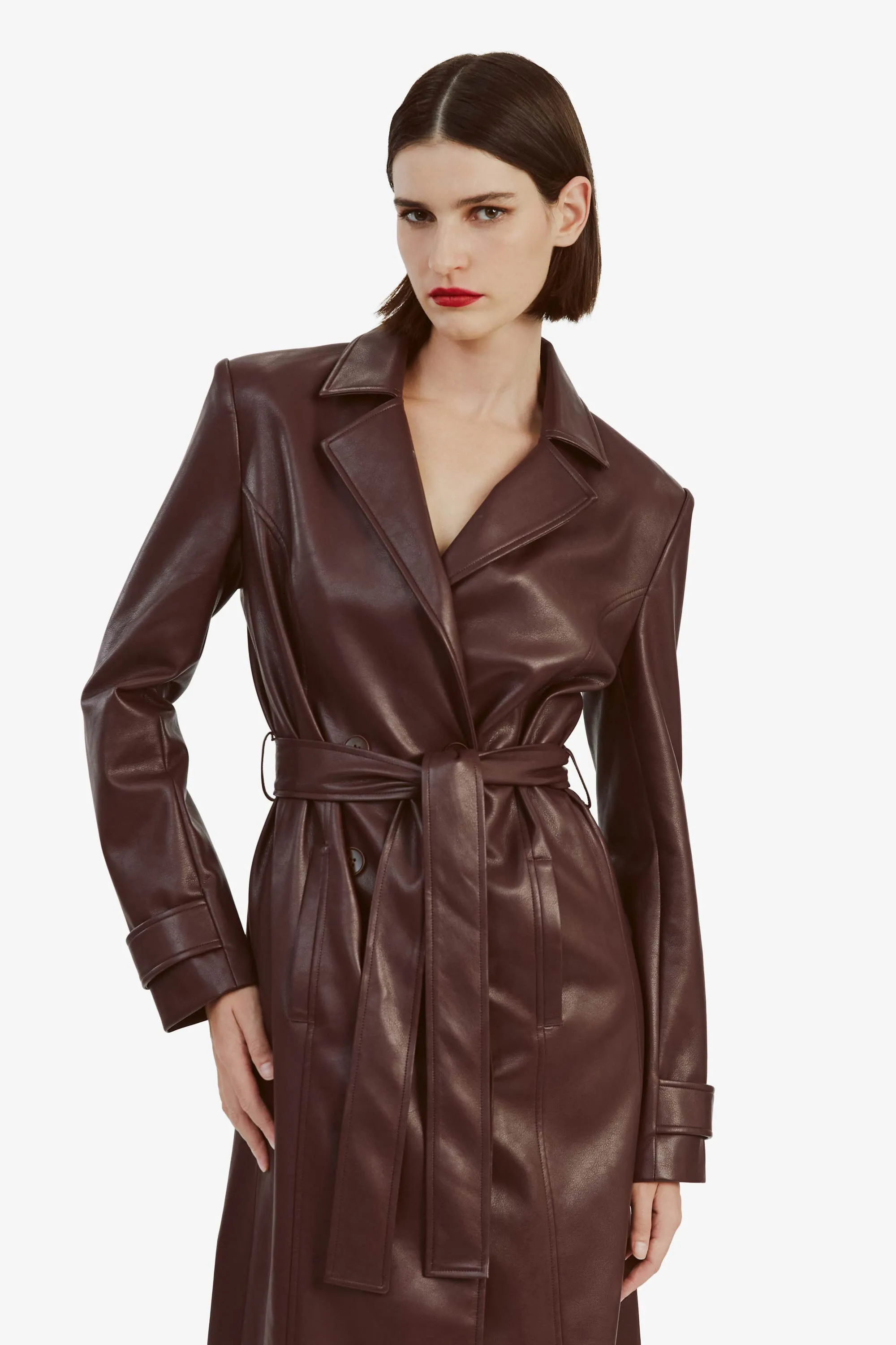 vegan leather trench coat in deep purple