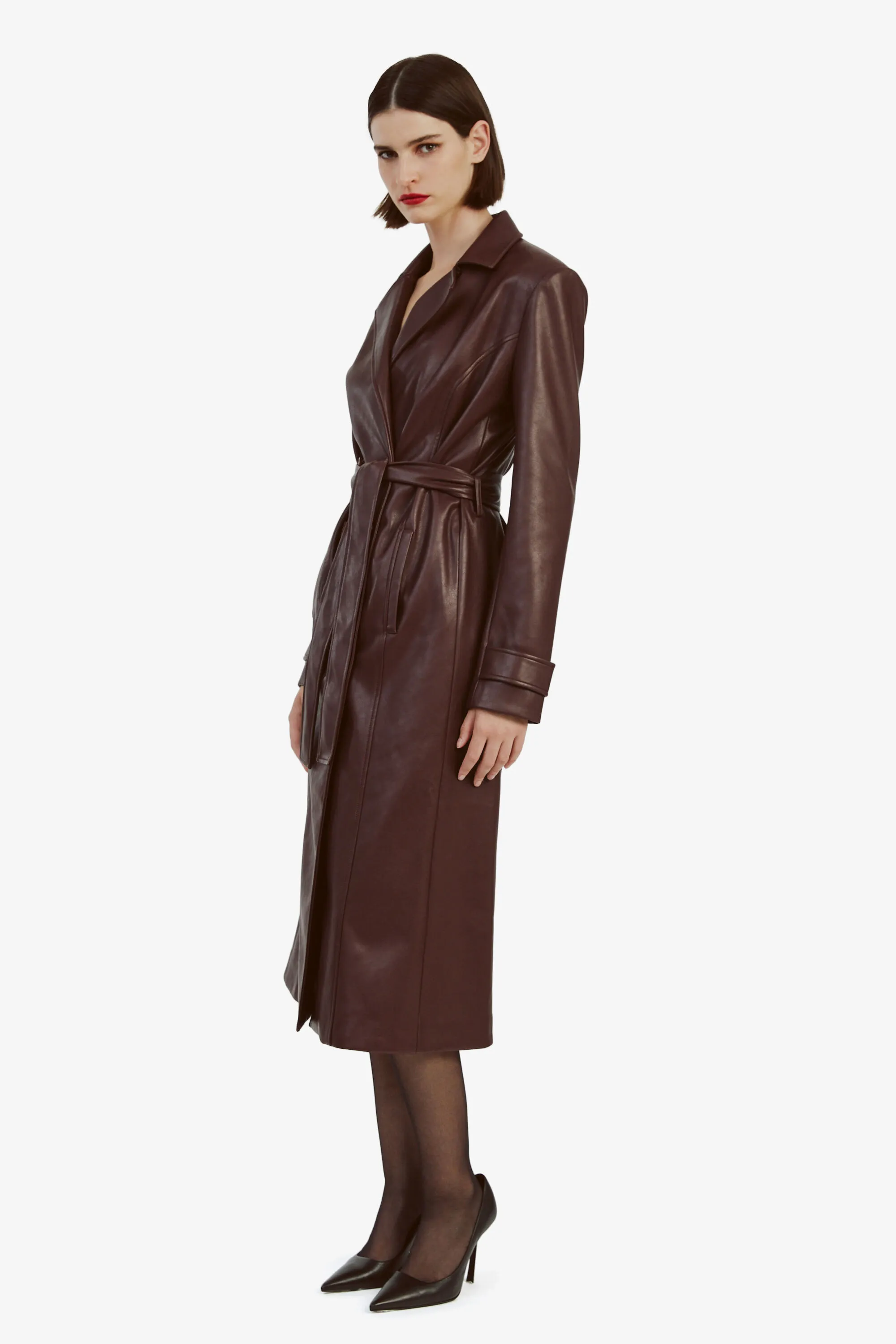 vegan leather trench coat in deep purple