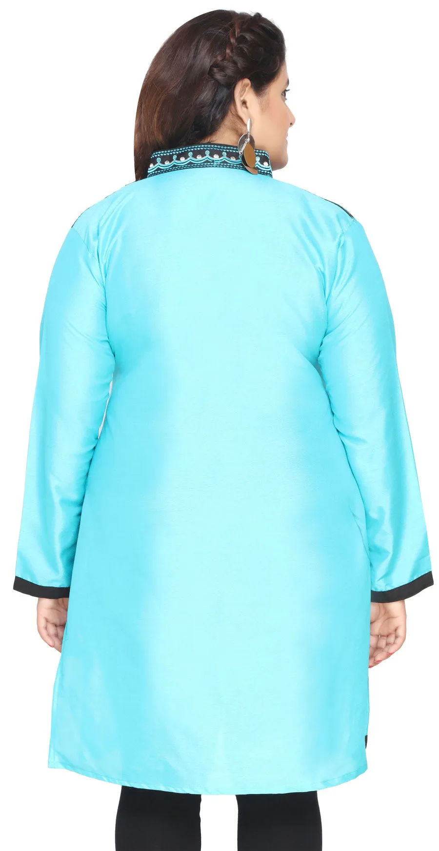 Turquoise Plus Size Poly Silk Indian Tunics Kurti Long Top for Women