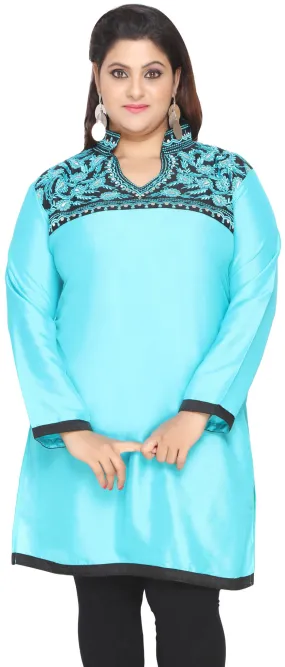 Turquoise Plus Size Poly Silk Indian Tunics Kurti Long Top for Women